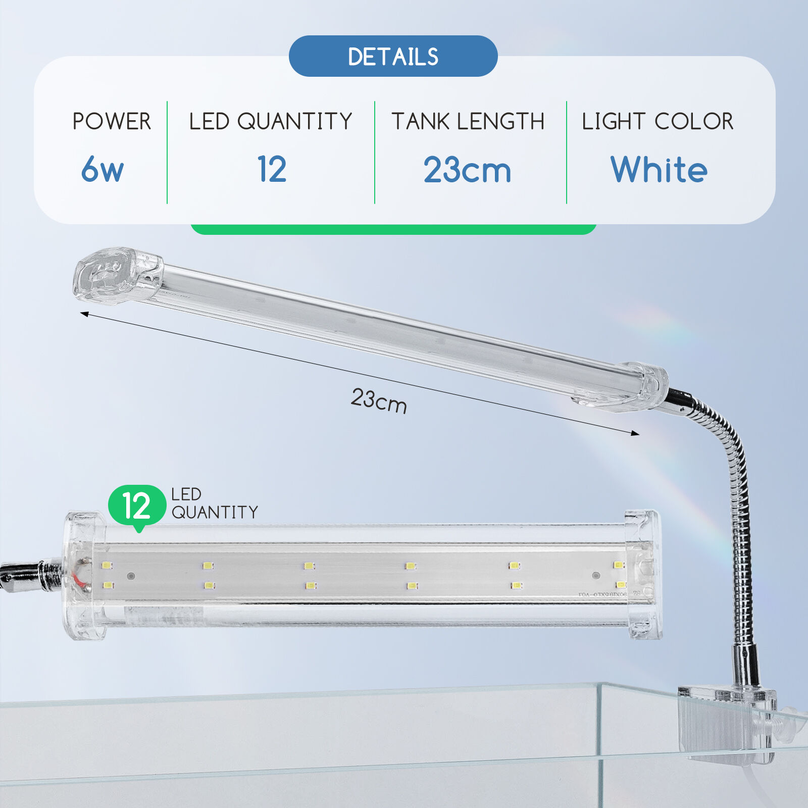 Nobleza - Luz LED Acuario, Impermeable L&aacute;mpara Acuario Delgada, Blanco LED Acuario Plantado con Potente Clip (6W 23CM, Blanco), , large Imagen numero 4