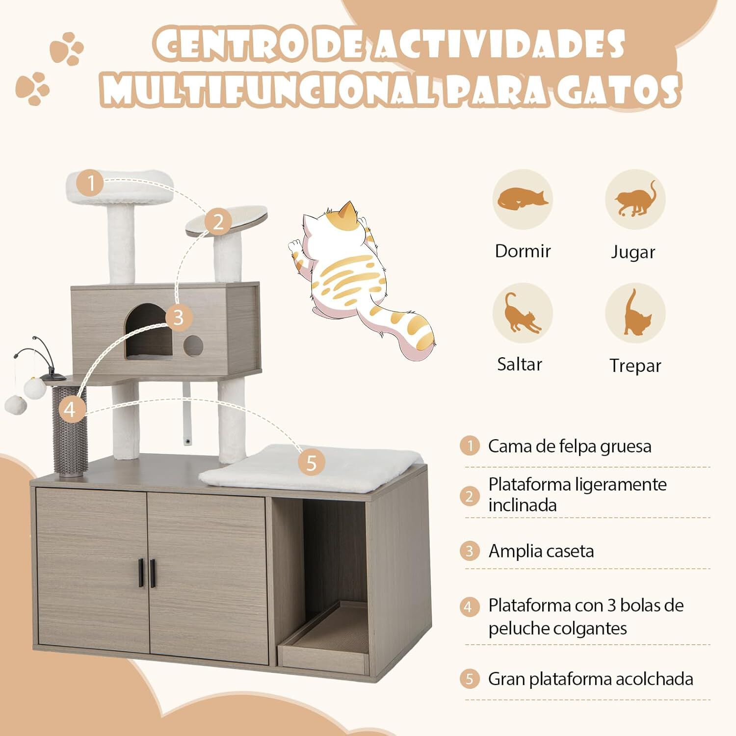COSTWAY &Aacute;rbol para Gatos con Caja de Arena, Torre para Gatos 2 En 1 con Perca Superior, Tabla para Rascar, Condominios para Gatos, Postes De Sisal, Plataforma, Rampa, Bolas Colgantes (1 Condominio), , large Imagen numero 3