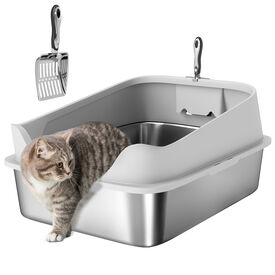 PawHut Arenero para Gatos de Acero Inoxidable XXL Caja de Arena para Gatos Arenero con Borde Alto Pala Fácil de Limpiar Prueba de Fugas 70x50x30 cm Gris