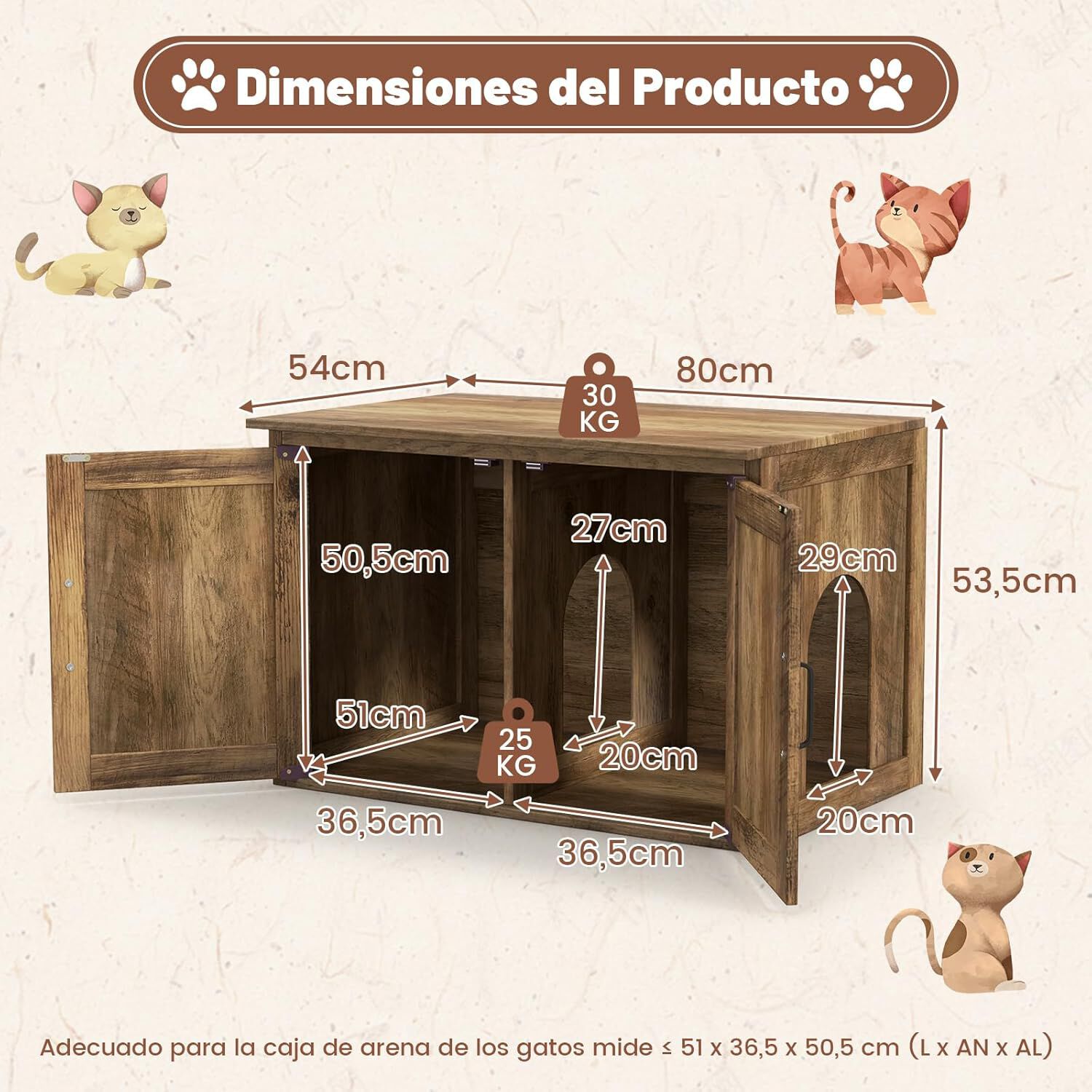 COSTWAY Mueble Arenero para Gatos, Ba&ntilde;o para Gatos con Puertas de Granero Dobles, Tapa Abatible, 80 x 54 x 53,5 cm, Casa para Gato para Interiores, Divisor Removible, Entrada Lateral, Roble, , large Imagen numero 5