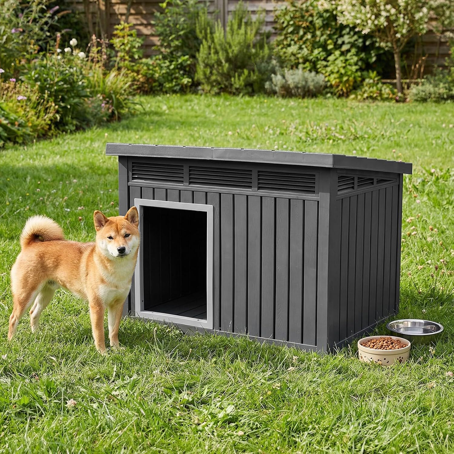 COSTWAY Caseta para Perros Exterior, Casa para Perros de Pl&aacute;stico con Puerta, Techo Inclinado Abatible, Rejillas de Ventilaci&oacute;n, Mueble Perrera para Mascotas, 81 x 64 x 61 cm, Negro, , large Imagen numero 3