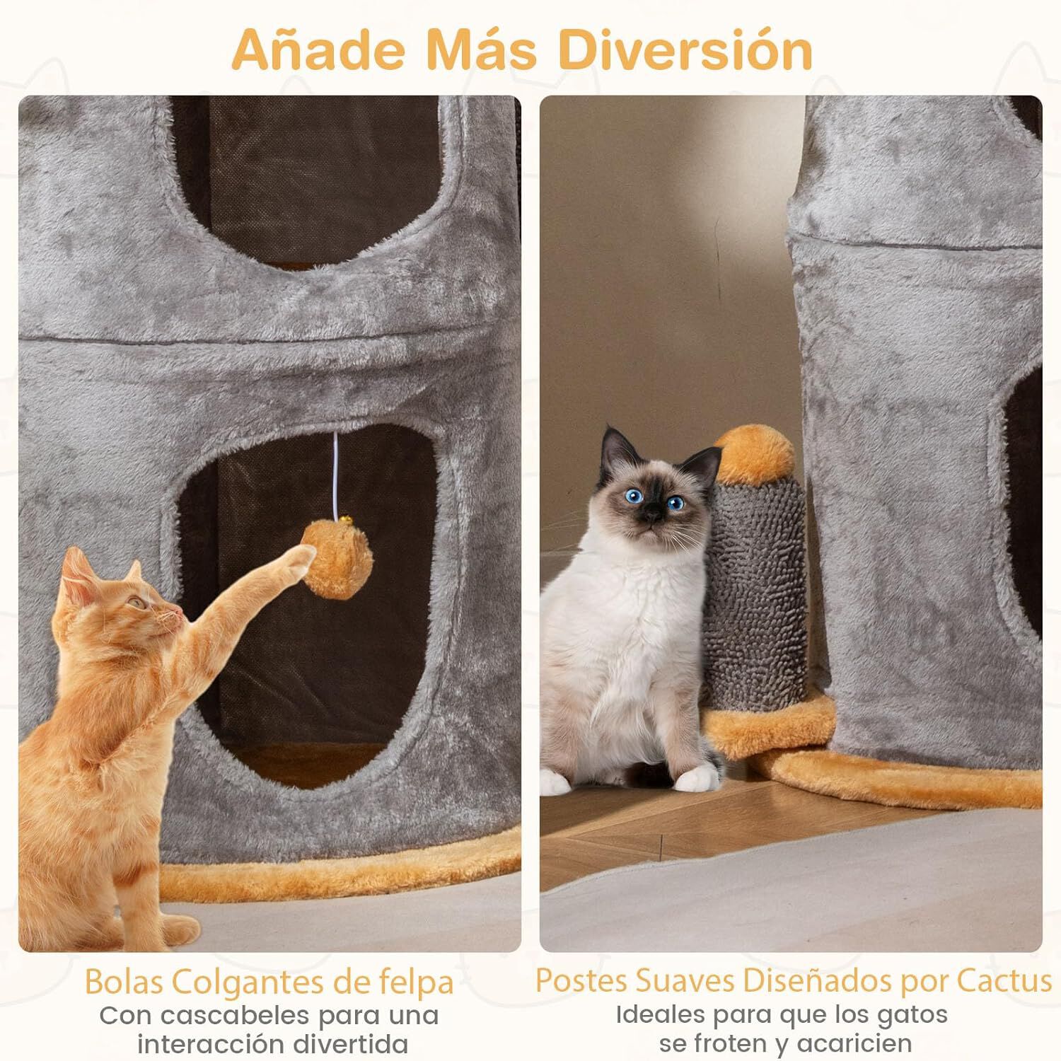 COSTWAY Casa para Gatos Interior, 48x48x83cm, Cama de Gato con 2 Condos, 2 Bolas Colgantes, Cueva para Gatos de 2 Capas, Tela de Felpa Suave, para Dormir, Jugar, Esconderse, Gris y Naranja, , large Imagen numero 4