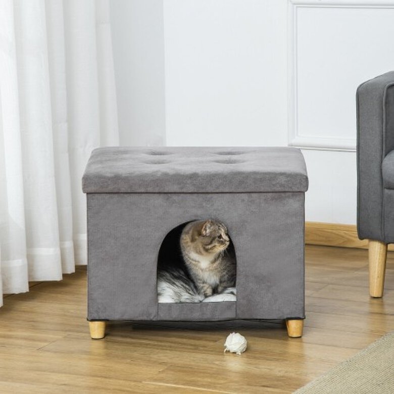 PawHut cama cueva plegable 2 en 1 con taburete gris para gatos, , large image number null