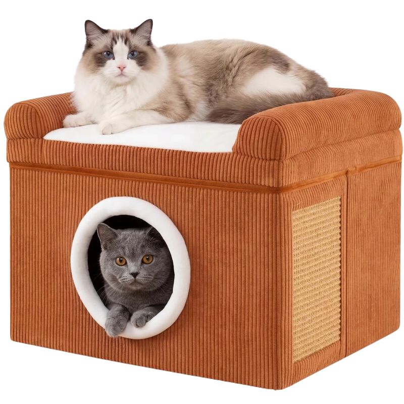 COSTWAY Camas para Gatos de Interior, Gran Cueva para Gatos con Acogedor Condominio, Alfombrilla Rascadora de Sisal, Coj&iacute;n Suave, Base Antideslizante, Casa Plegable Mascotas, Carga 15 kg (Marr&oacute;n), , large Imagen numero 1