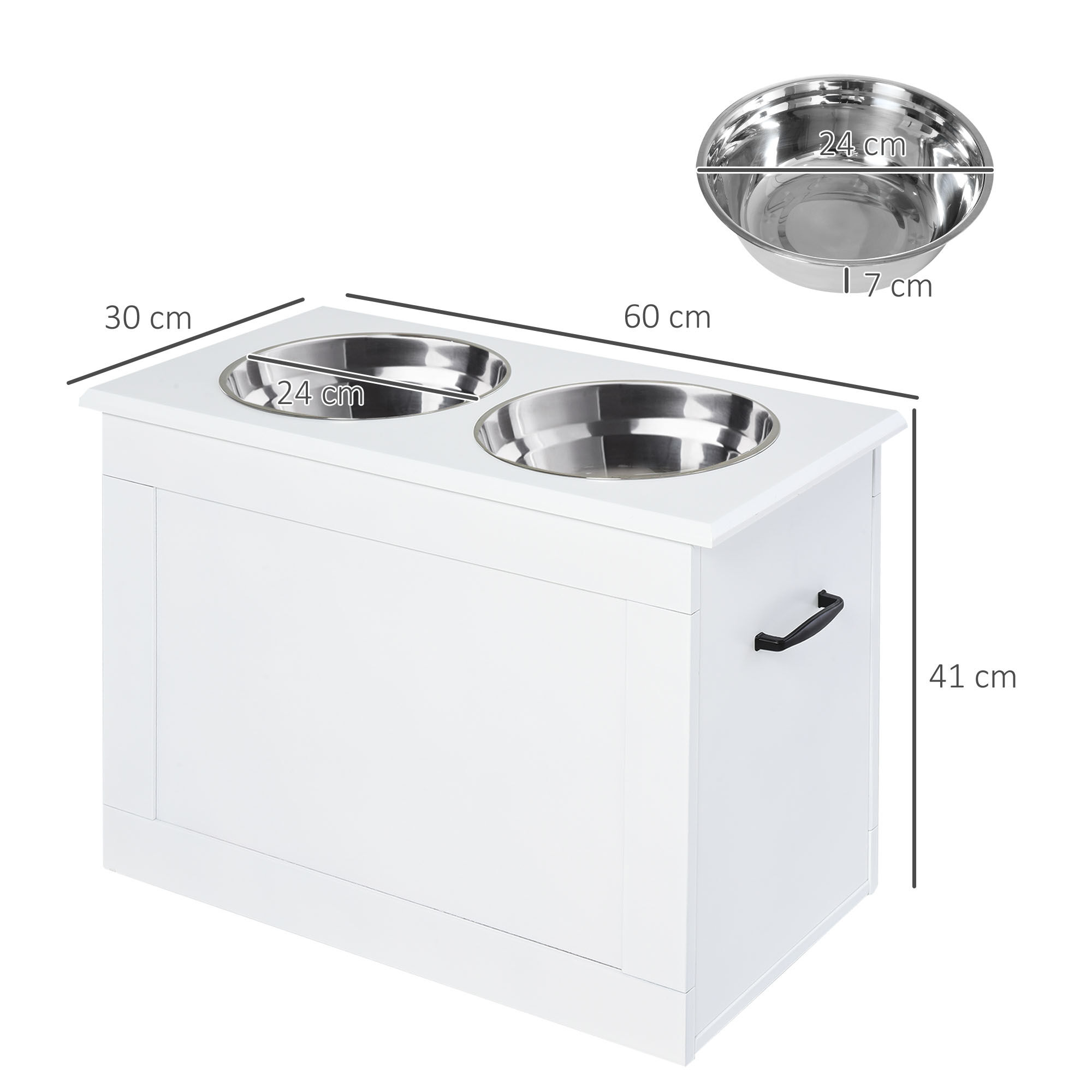 PawHut Comedero Elevado para Perros Cuencos para Perros con 2 Tazones de Acero Inoxidable y Espacio de Almacenaje Oculto 60x30x41 cm Blanco, , large Imagen numero 3