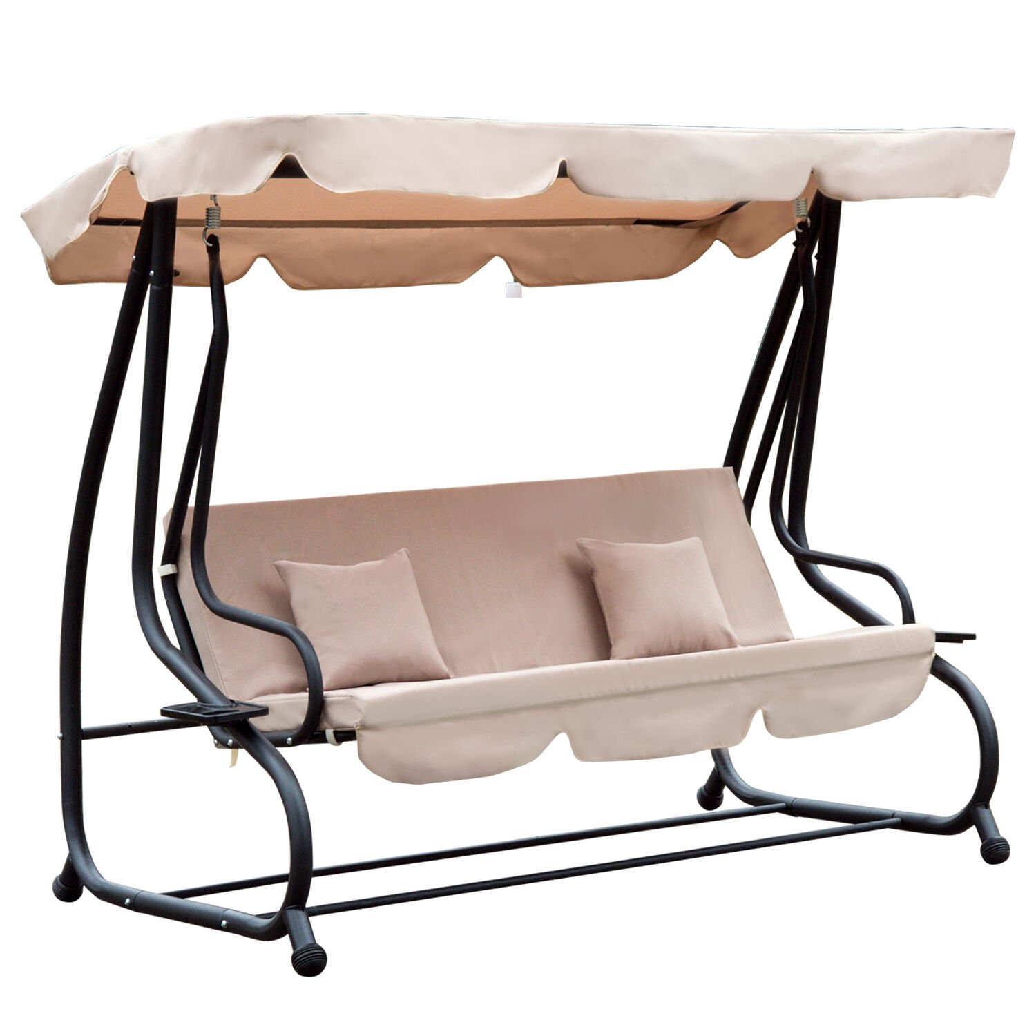 Outsunny Columpio Balancin Jardin 3 Plazas Convertible en Cama Techo Parasol Regulable Bandeja para Bebida Terrza Balcon Exterior Carga max. 340kg 200x120x164cm Marco Acero Tiendanimal