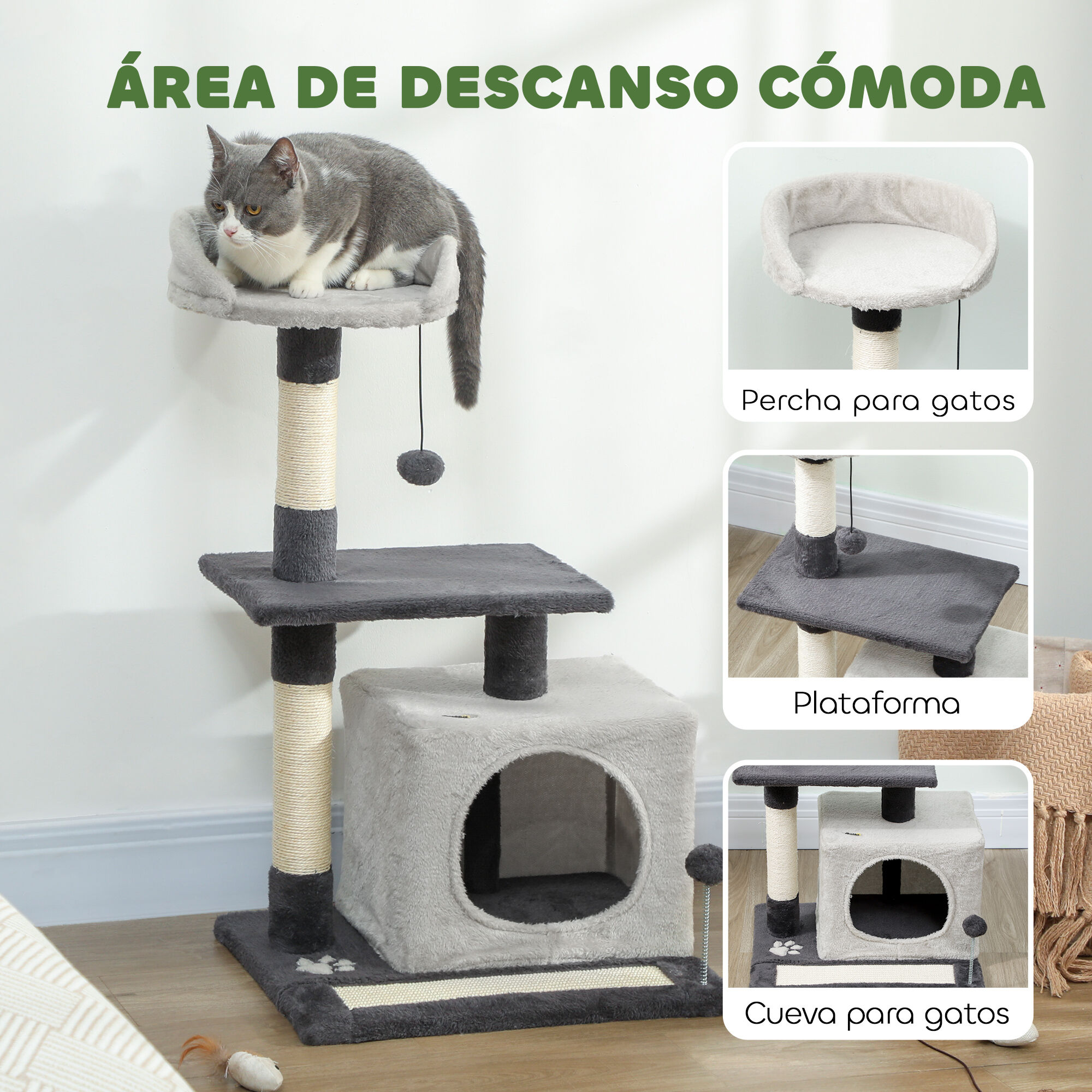 PawHut &Aacute;rbol para Gatos Gris Claro y Negro, , large Imagen numero 5