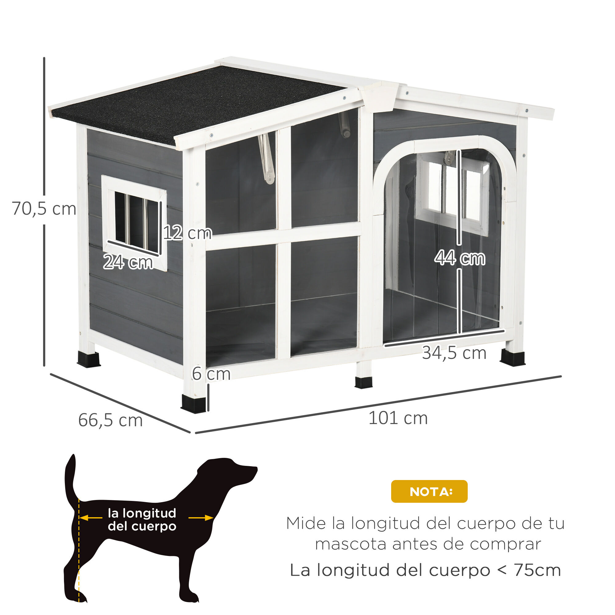 PawHut Caseta para Perros de Madera 101x66,5x70,5 cm Casa para Mascotas con Techo Abatible Frontal de Acr&iacute;lico Puerta con Cortina y Fondo Extra&iacute;ble Gris Oscuro., , large Imagen numero 3