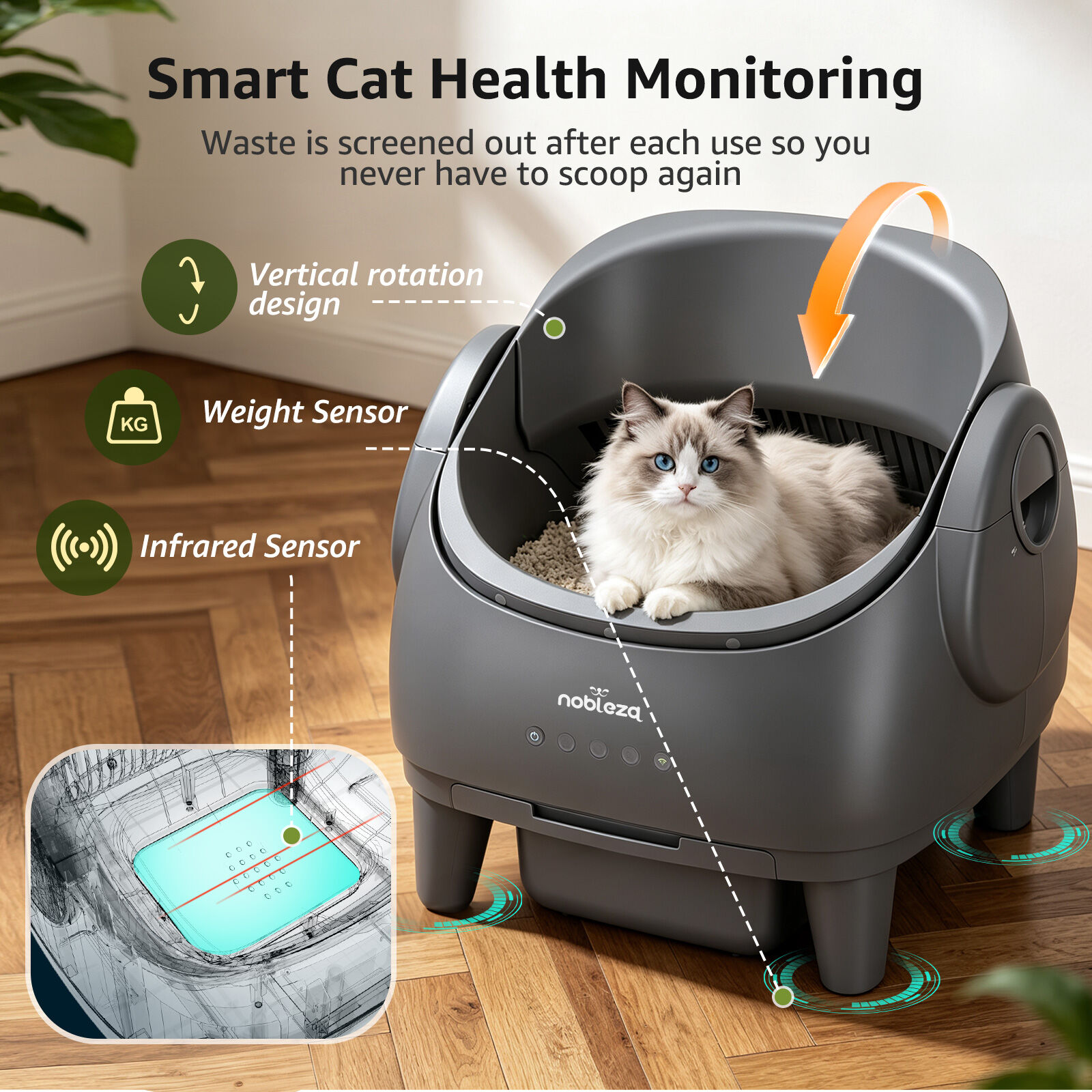 Nobleza Arenero Autolimpiable Abierto para Gatos de 1-15kg &ndash; Control por App, Dep&oacute;sito 11L (15 d&iacute;as), Sensores de Seguridad, Incluye 3 Rollos de Bolsas + 5 Pastillas Desodorantes &ndash; Gris, , large Imagen numero 5