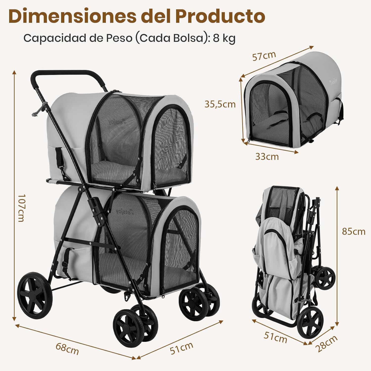 COSTWAY Cochecito Multifuncional 4 en 1 para Perros y Gatos, Cochecitos para Mascotas de Doble Nivel, Carrito para Mascotas, Cochecito Plegable Desmontable para Mascota con 4 Ruedas (Gris), , large Imagen numero 5