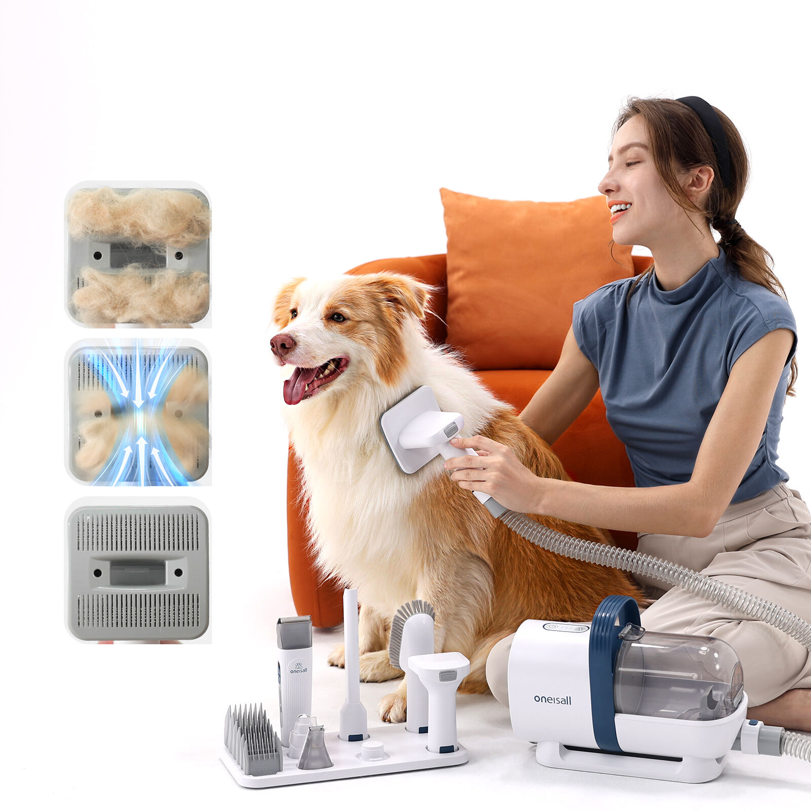 Kit de aseo canino 7 en 1 Oneisall S1 - Set de aseo canino - Peluquero para mascotas - Aspirador y recortador - Gatos y perros - Recipiente recolector de 1,5 l - Aspirador para pelo de mascotas, , large Imagen numero 2