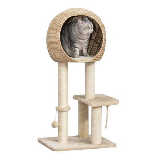 Árbol Rascador para Gatos con Caseta Bola y Cuerda de Juego color Beige.