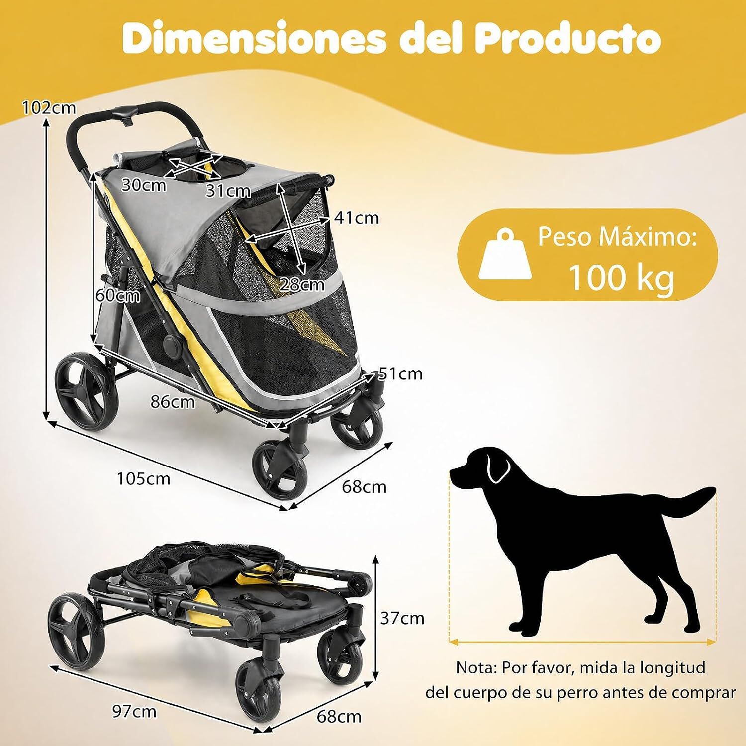 COSTWAY Cochecito Plegable de Acero de Alto Carbono para Mascotas, Carro Perro con Freno Trasero, Puertas con Cremallera, 3 Ventanas, Coj&iacute;n Extra&iacute;ble, Bolsillo y Portavasos, 105 x 68 x 72 cm, , large Imagen numero 3