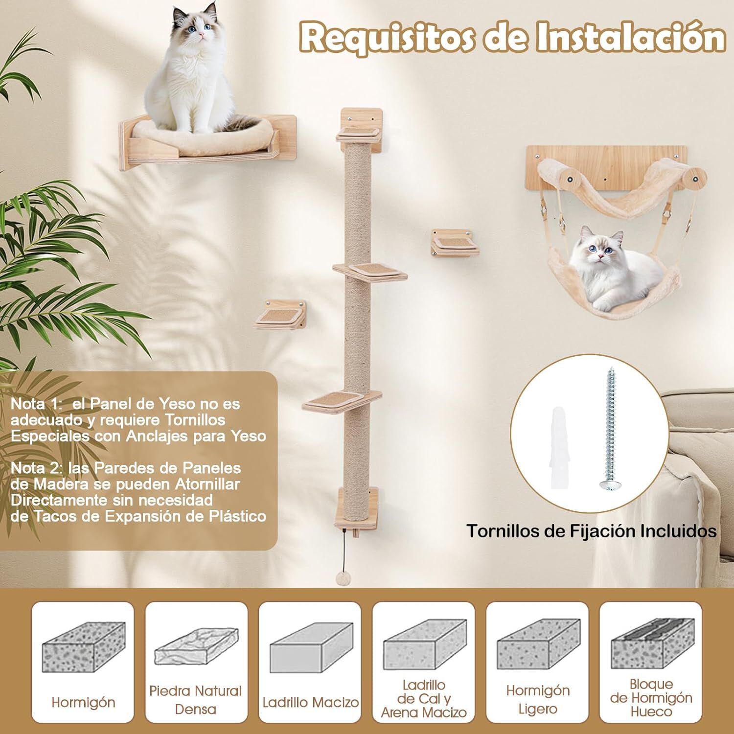 COSTWAY Juego de Muebles de Pared para Gatos de 5 Piezas, Estantes con 2 Hamacas, Cama y Postes Rascadores de Yute, Trepador de Madera con Pelota Colgante, Parque de Juegos, Natural thumbnail