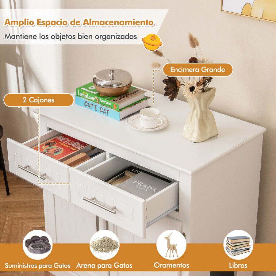 COSTWAY Caja de Arena para Gatos con Enclosure Oculto, Mueble de Madera para Mascotas con 2 Cajones, Puertas Dobles, Dispositivos Antivuelco, Mueble Moderno para Gatos con Almacenamiento para Gatos, , large Imagen numero 5