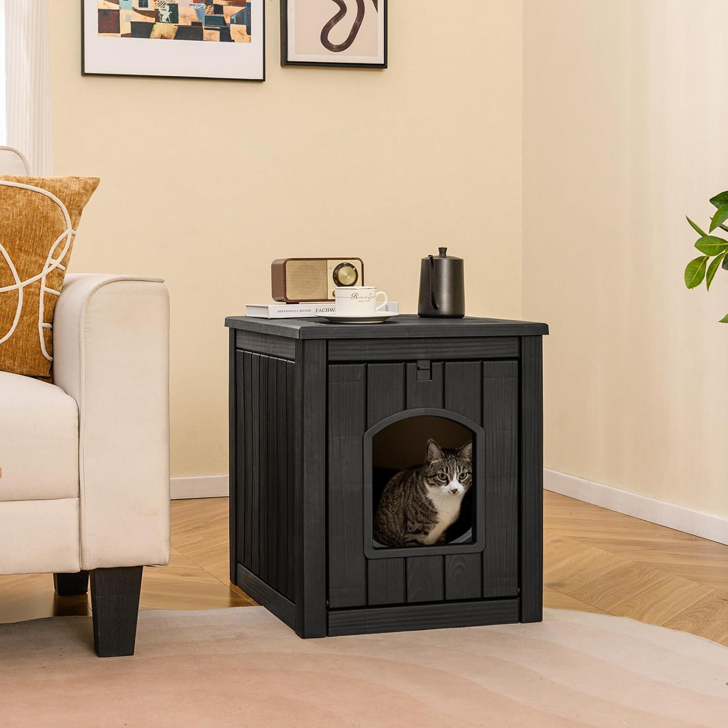 COSTWAY Mueble Arenero para Gatos Medianos, 60 x 47 x 54,5 cm, Cajas de Arena para Gatos con Puerta y Entrada, Refugio Impermeable para Cachorros, Mesa Auxiliar Gato para Sal&oacute;n, Entrada (Negro), , large Imagen numero 2