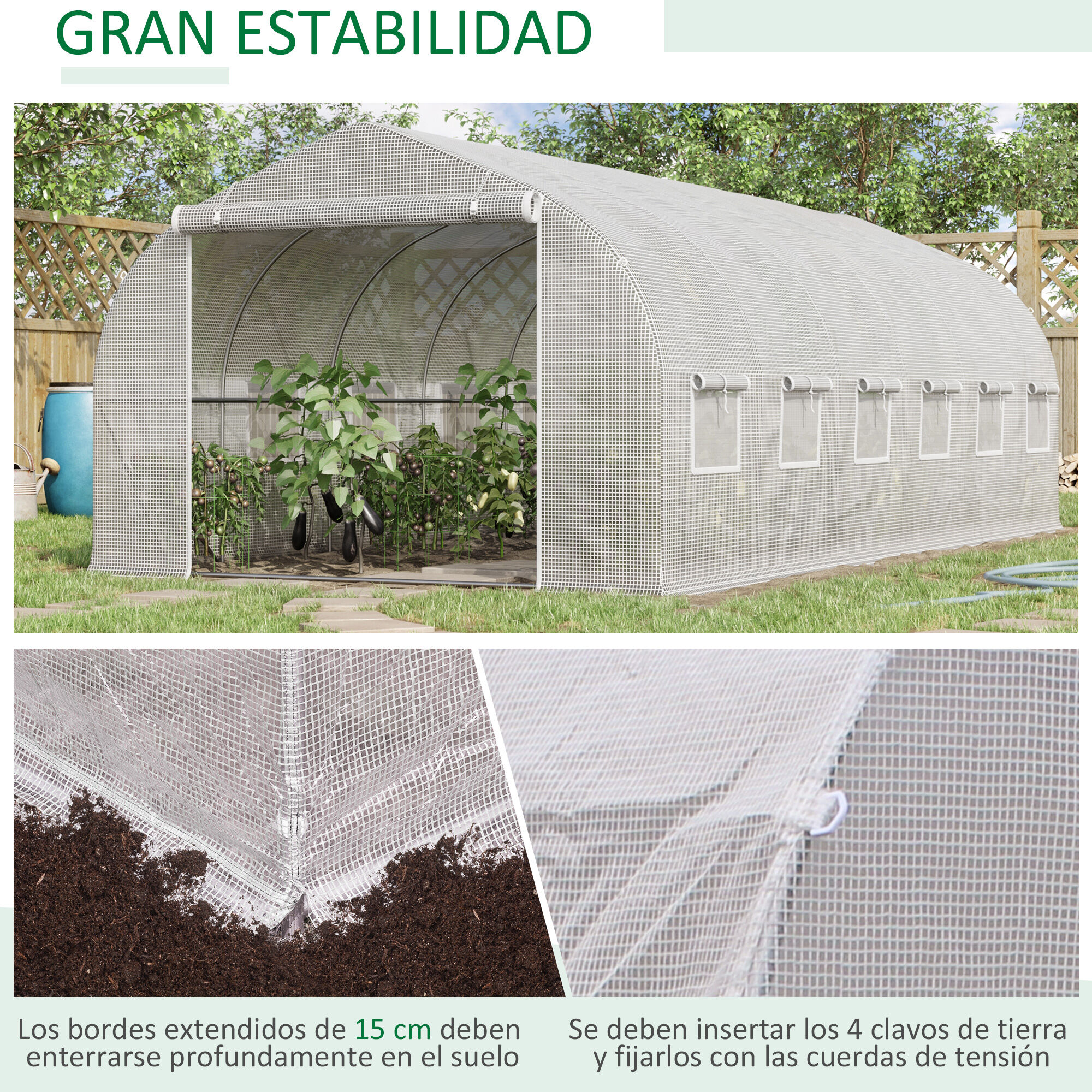 Outsunny Invernadero de T&uacute;nel 6x3x2 m Invernadero de Jard&iacute;n con Puerta y 12 Ventanas Enrollables de Polietileno y Acero Galvanizado Huerto para Cultivos Plantas Flores Blanco, , large Imagen numero 5