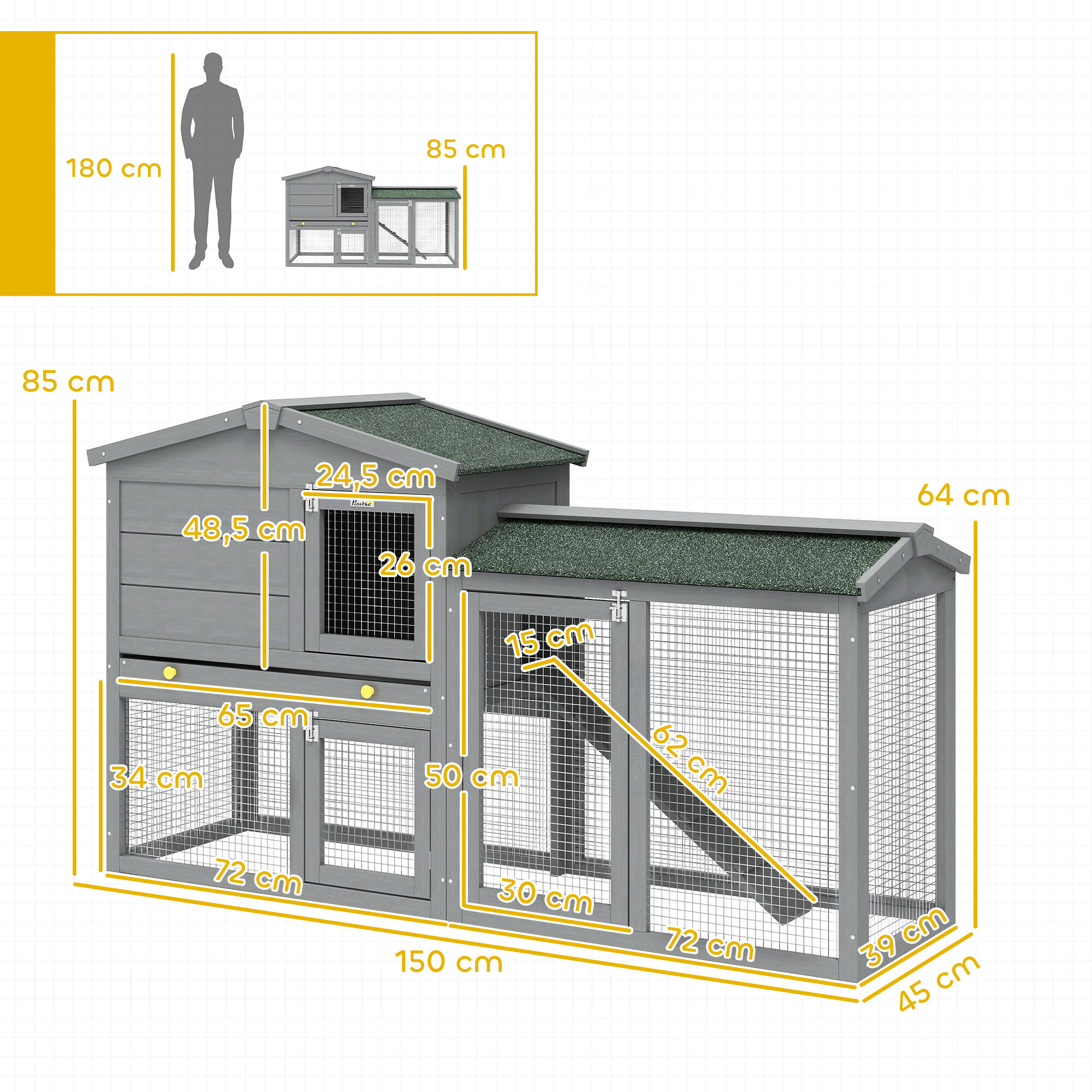PawHut Conejera de Madera de 2 Niveles, Jaula para Conejos Grande con Techo Asf&aacute;ltico, Bandeja Extra&iacute;ble y Escalera, Conejera para Exterior, para Cobayas y H&aacute;msteres, 150x45x85 cm, Gris, , large Imagen numero 3