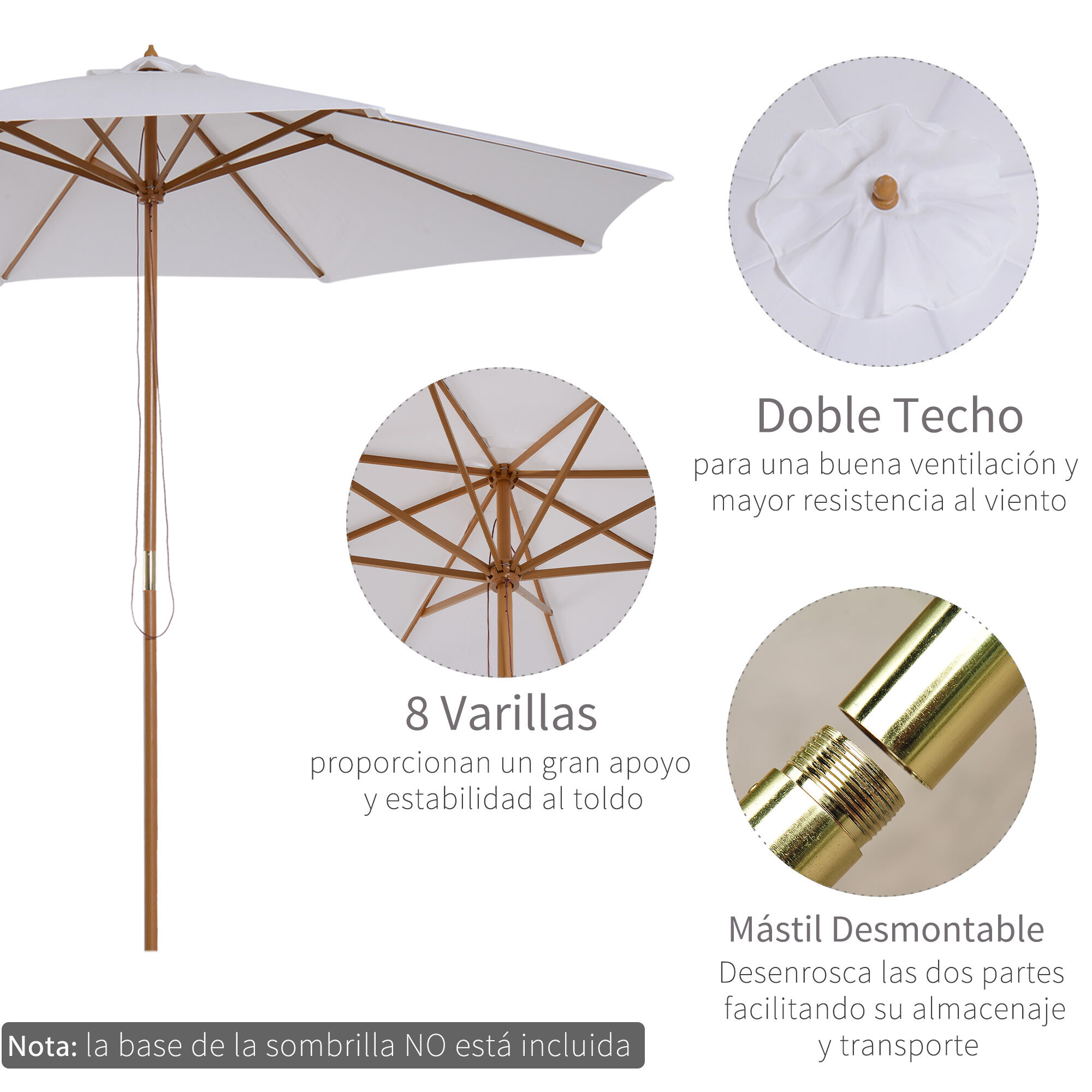 Outsunny Sombrilla Parasol de Jard&iacute;n &Oslash;300x250 cm con Sistema de Pestillo de Fijaci&oacute;n Techo Ventilado y Poste Desmontable de Madera para Terraza Patio Exterior Blanco, , large Imagen numero 5