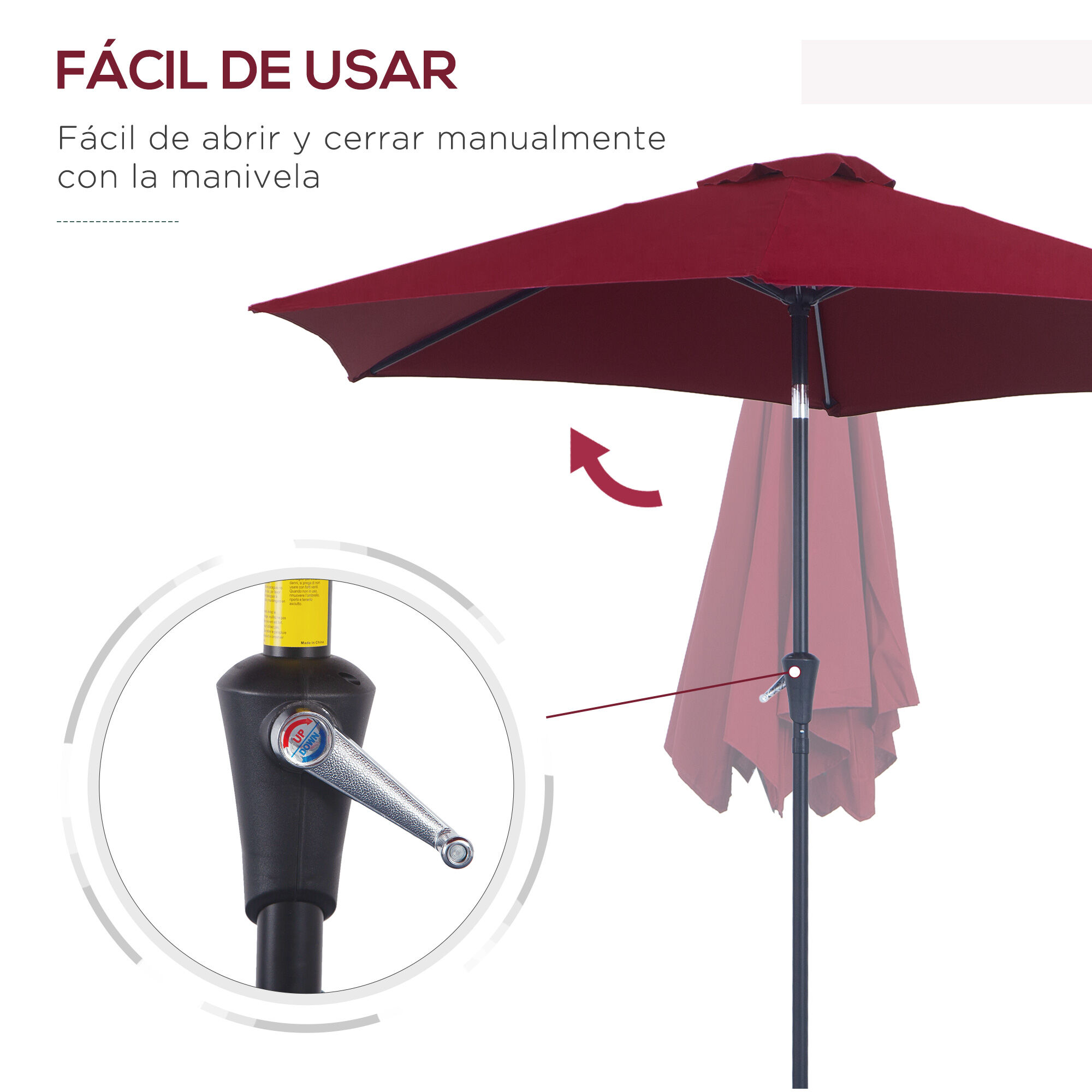 Outsunny Sombrilla para Jard&iacute;n &Oslash;260x235 cm Parasol de Aluminio con Reclinable con Manivela y 6 Varillas para Terraza Exterior Balc&oacute;n Rojo, , large Imagen numero 4