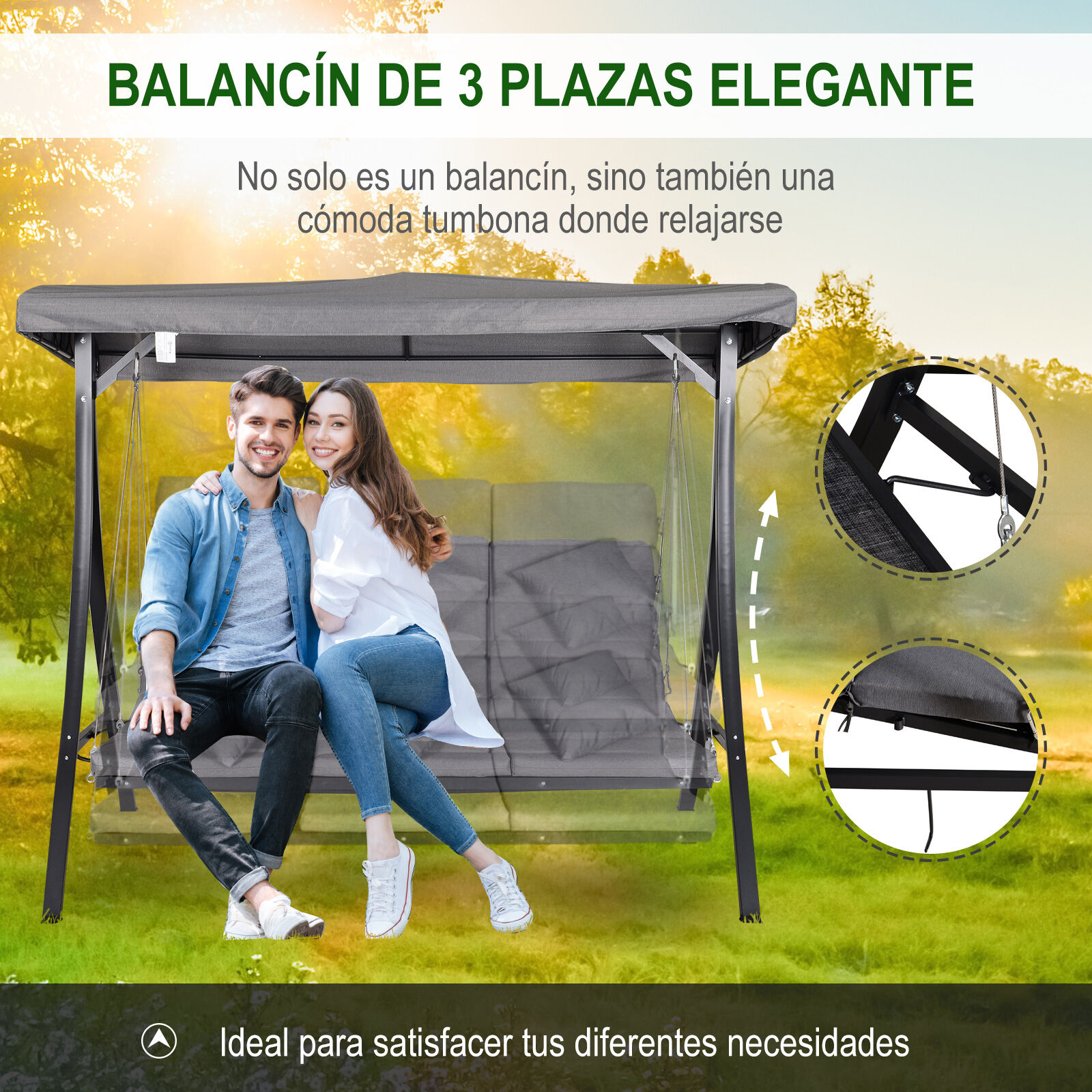 Outsunny Balanc&iacute;n con Toldo Ajustable de 3 Plazas Columpio de Jard&iacute;n con Dosel Cojines para Exterior Terraza Patio Carga 270 kg 200x115x168 cm Gris, , large Imagen numero 5