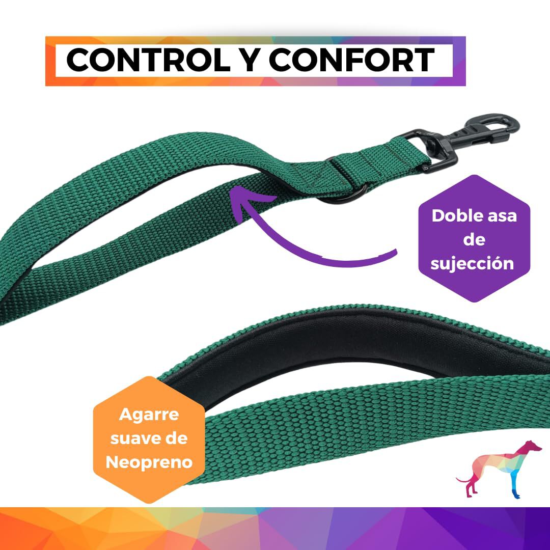 EGV - Correa multiposicion perro con doble asa de neopreno. Correa perro manos libres de 2,50 metros de longitud. (Verde botella), , large Imagen numero 2