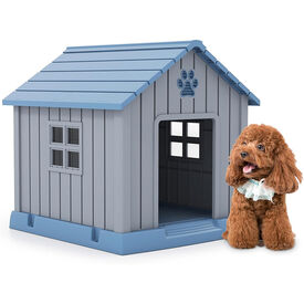 COSTWAY Caseta Perro Grande, 76x83x83 cm, Casa de Perro Exterior con Rejillas de Ventilaciones y Base Elevado, Refugio Impermeable Aislado para Mascotas Peque&ntilde;os y Medianos Interior y Exterior, Azul