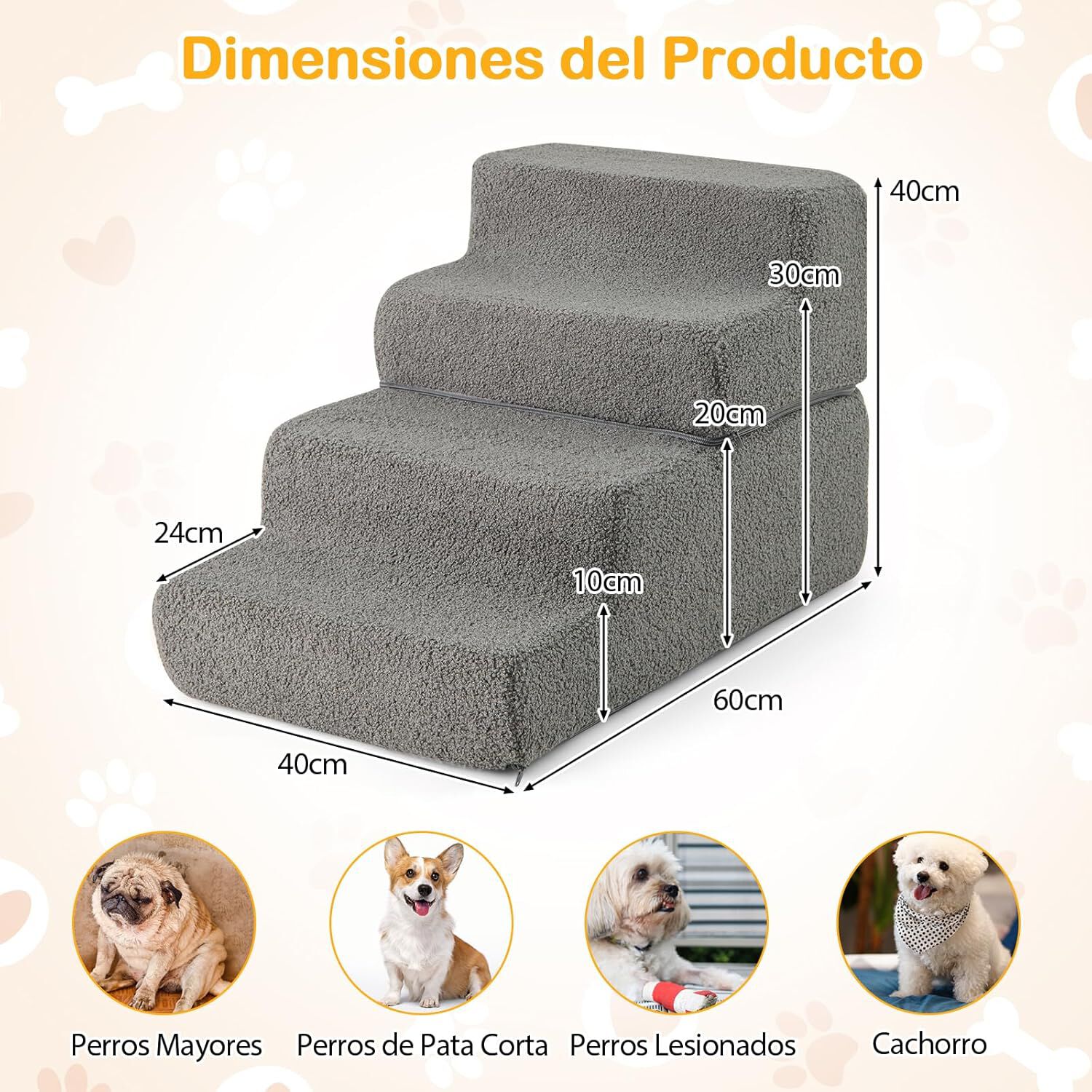 COSTWAY Escalera para Perros de 4 Pelda&ntilde;os, 60x40x40 cm, Rampa Plegable para Perros de Espuma con Fondo Antideslizante, Cubierta Extra&iacute;ble y Lavable, Escalera Mascotas para Cama y Sof&aacute;, Ligera, Gris, , large Imagen numero 5