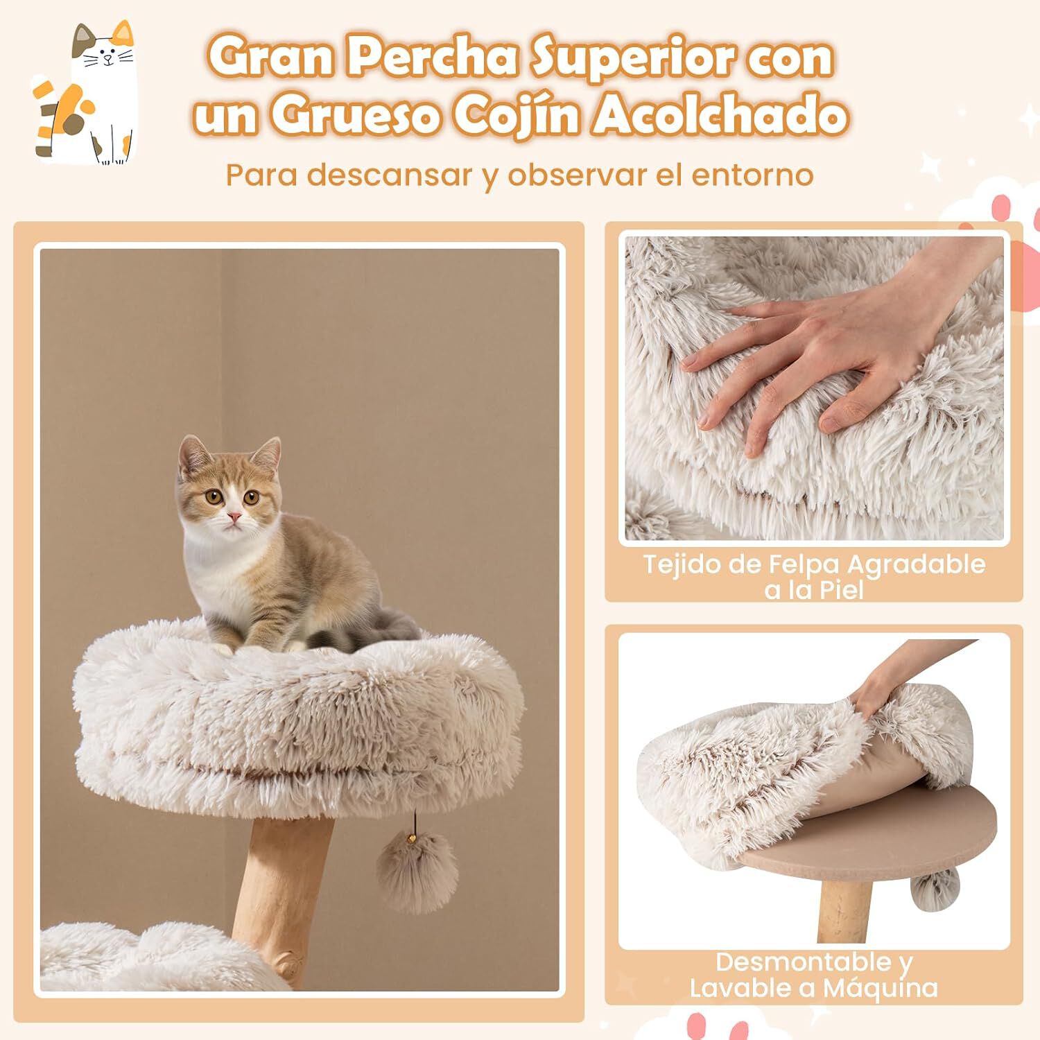 COSTWAY &Aacute;rbol para Gatos Moderno de Madera Maciza, 102 cm Torre Gatos Rascador Acolchado con Felpa Extra Suave, Rascador para Gatito, 3 Plataformas, Poste de Yute, Nido, Bola Colgante, Blanco, , large Imagen numero 4
