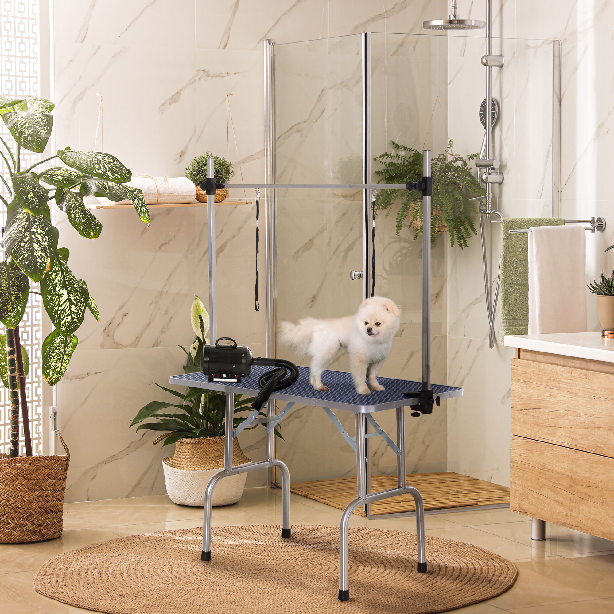 PawHut Conjunto para Mascotas Juego de Secador de Pelo para Perros 2800W y Mesa de Peluquer&iacute;a para Mascotas Plegable con Altura Ajustable 40x16x20 cm 107x60x170 cm Negro y Azul, , large Imagen numero 2