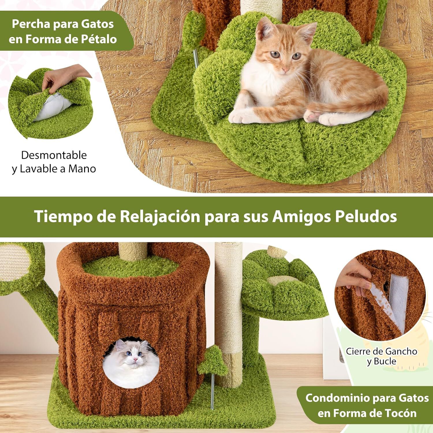 COSTWAY &Aacute;rbol para Gatos de Bosque, Torre Multinivel con Condominio de Tronco, Percha Floral Acolchada, Rascador de Sisal y Juguetes, Centro de Actividades para Gatitos y Adultos, Verde + Marr&oacute;n, , large Imagen numero 4