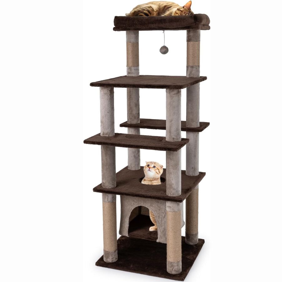 COSTWAY Rascador para Gatos Grandes, &Aacute;rbol Rascador para Gatos Multinivel, Altura 148 cm con Condominio, Percha de Peluche, Postes Rascadores, Agujero, Pomp&oacute;n y Plataformas, Torre Gato de Interior, , large Imagen numero 1