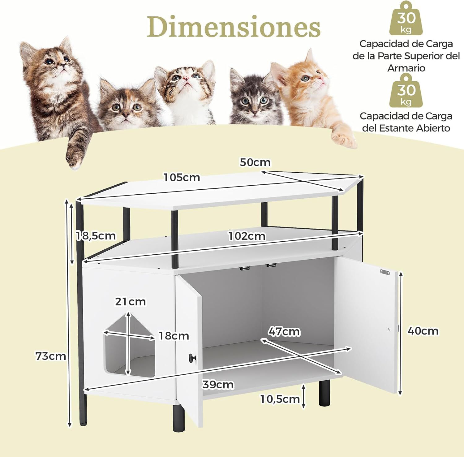 COSTWAY Mueble Arenero para Gatos, Casa Esquinera para Gatos de Madera con Estante Abierto, 2 Puertas, 2 Entradas y Patas de Metal, Casa de Ba&ntilde;o para Mascota, 105 x 50 x 73 cm (Blanco), , large Imagen numero 2