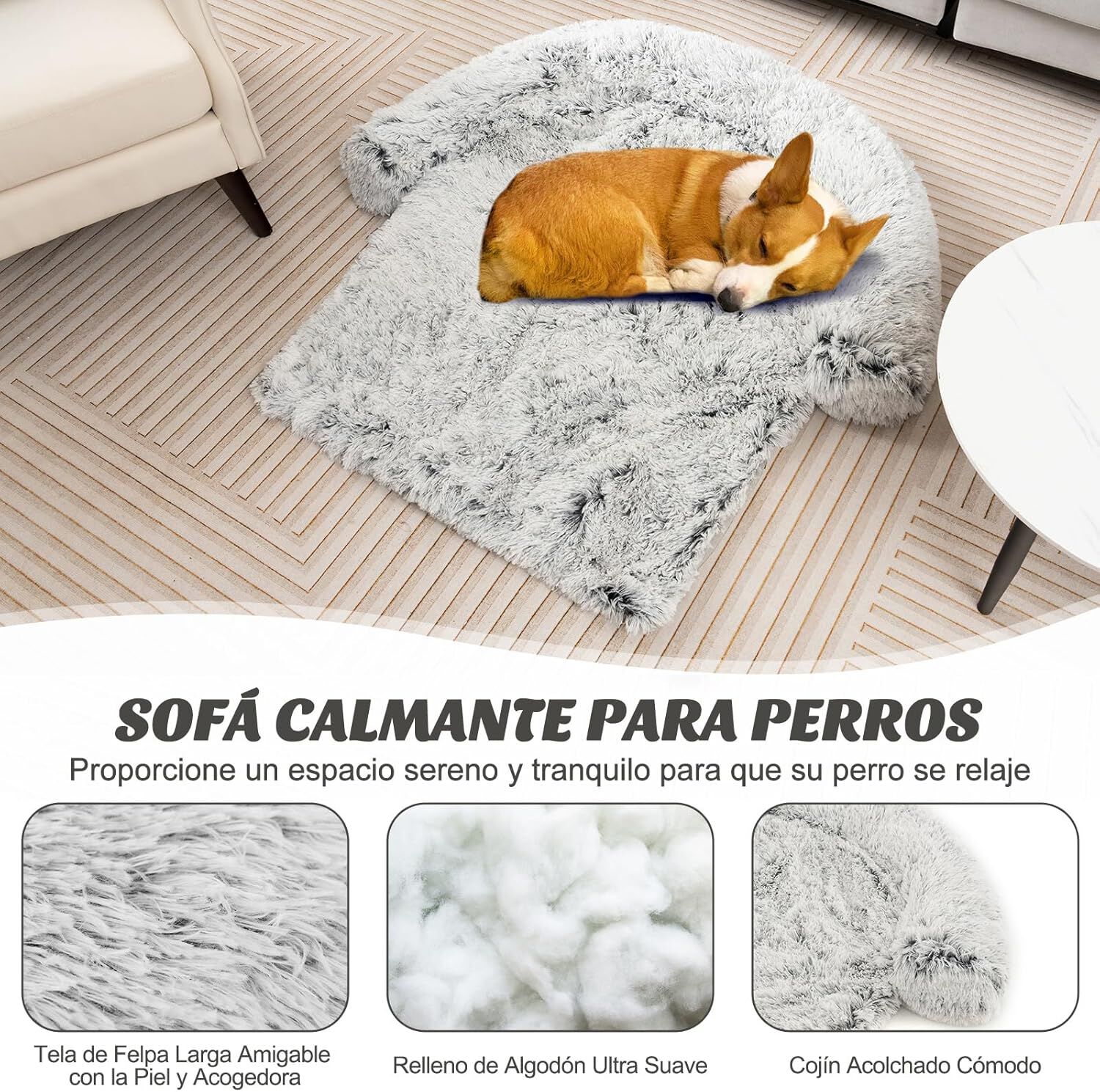COSTWAY Funda de Peluche para Perros, Cama Antideslizante con Funda Extra&iacute;ble Lavable/Cuello Acolchado Suave, Tapete de Felpa para Perros (112 x 101 x 18 cm, Blanco Gris&aacute;ceo), , large Imagen numero 2