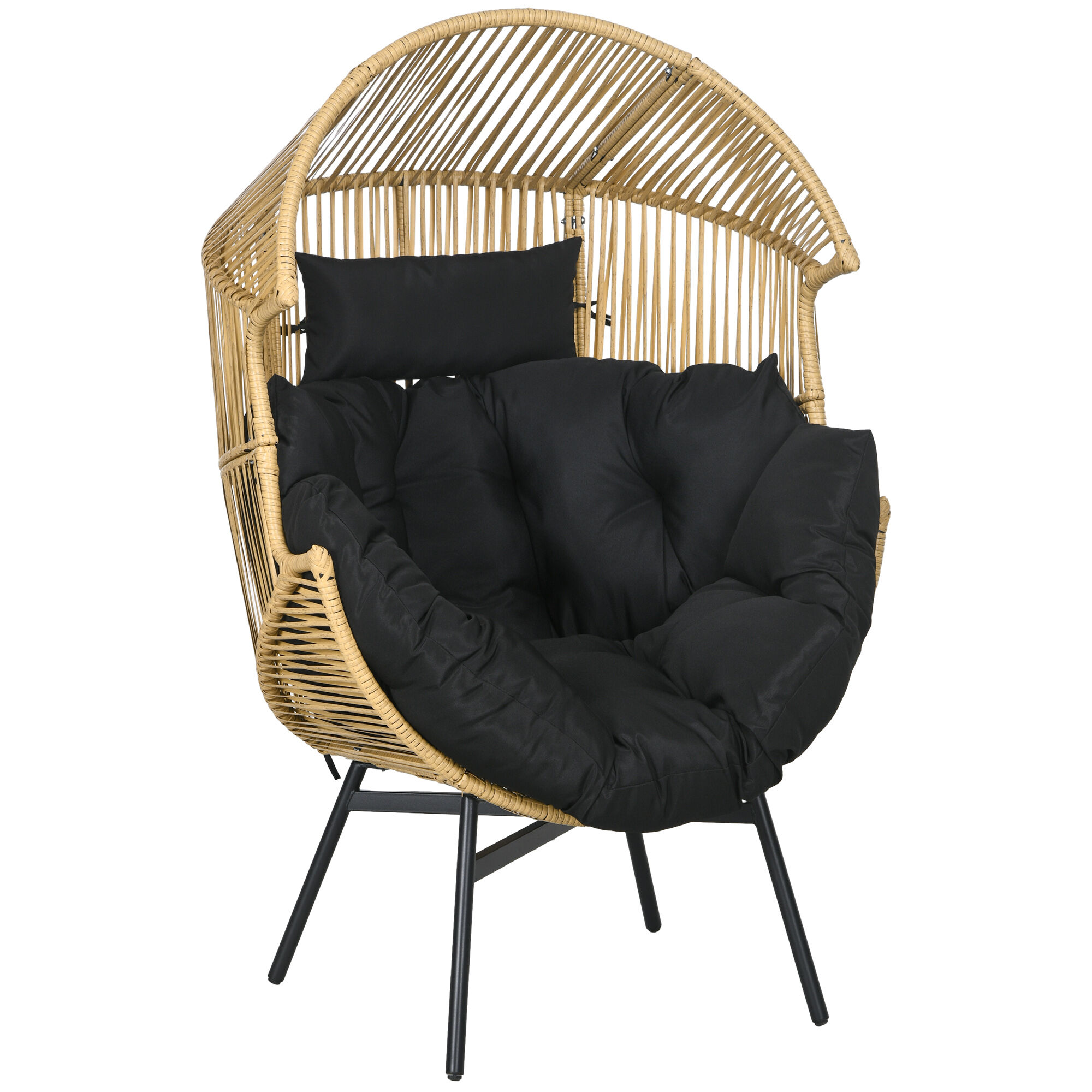 Outsunny Sill&oacute;n de Rat&aacute;n Sint&eacute;tico Silla de Terraza en Forma de Huevo con Reposacabezas Acolchado Coj&iacute;n y Marco de Acero para Jard&iacute;n Balc&oacute;n 89x75x143 cm Arena y Negro, , large Imagen numero 1