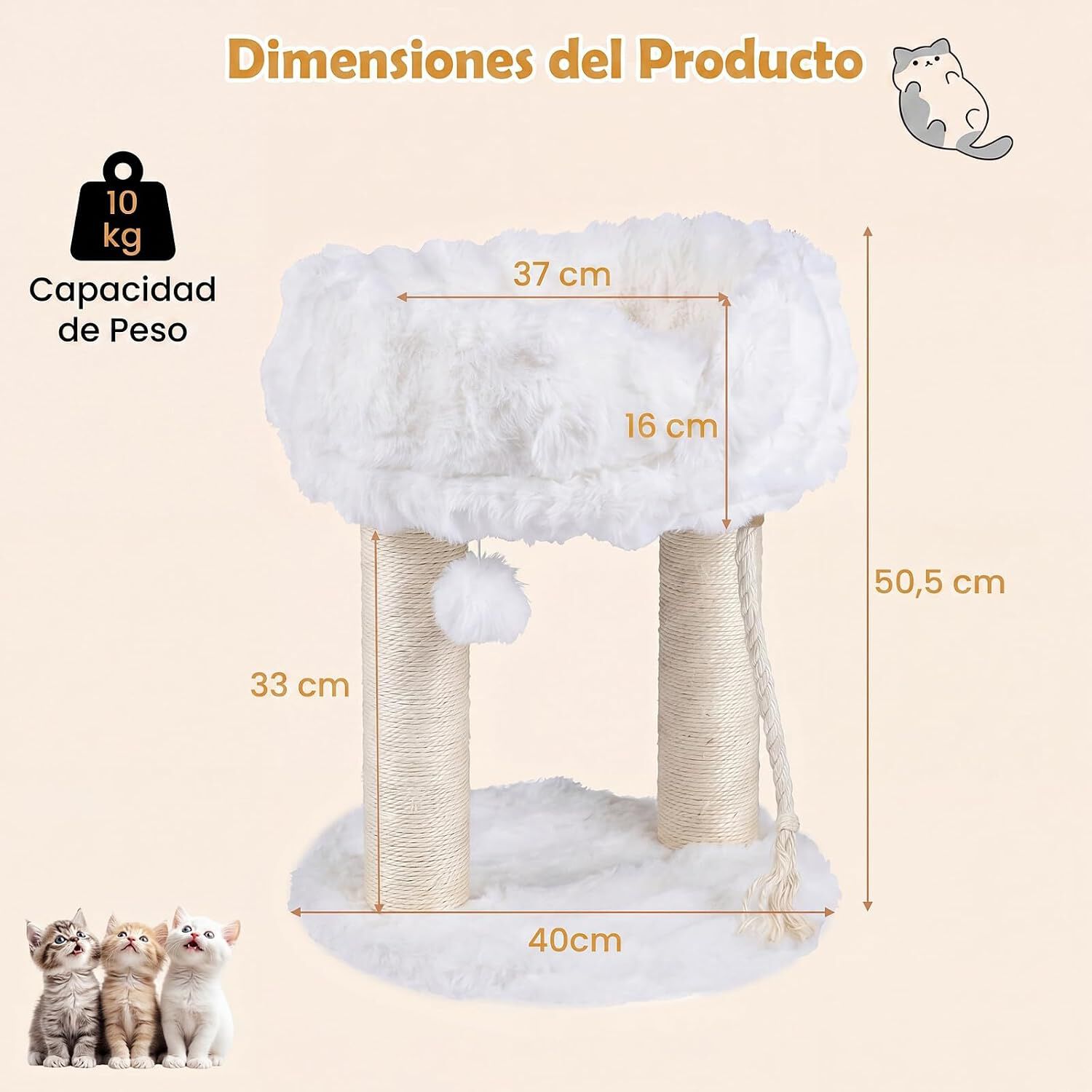 COSTWAY 40 x 40 x 50,5 cm &Aacute;rbol para Gatos Peque&ntilde;o (Blanco) | Torre para Gatos con Plataforma Superior de Felpa, Rascadores de Sisal, Bola Colgante, Torre gato Interior para Mascotas, , large Imagen numero 5