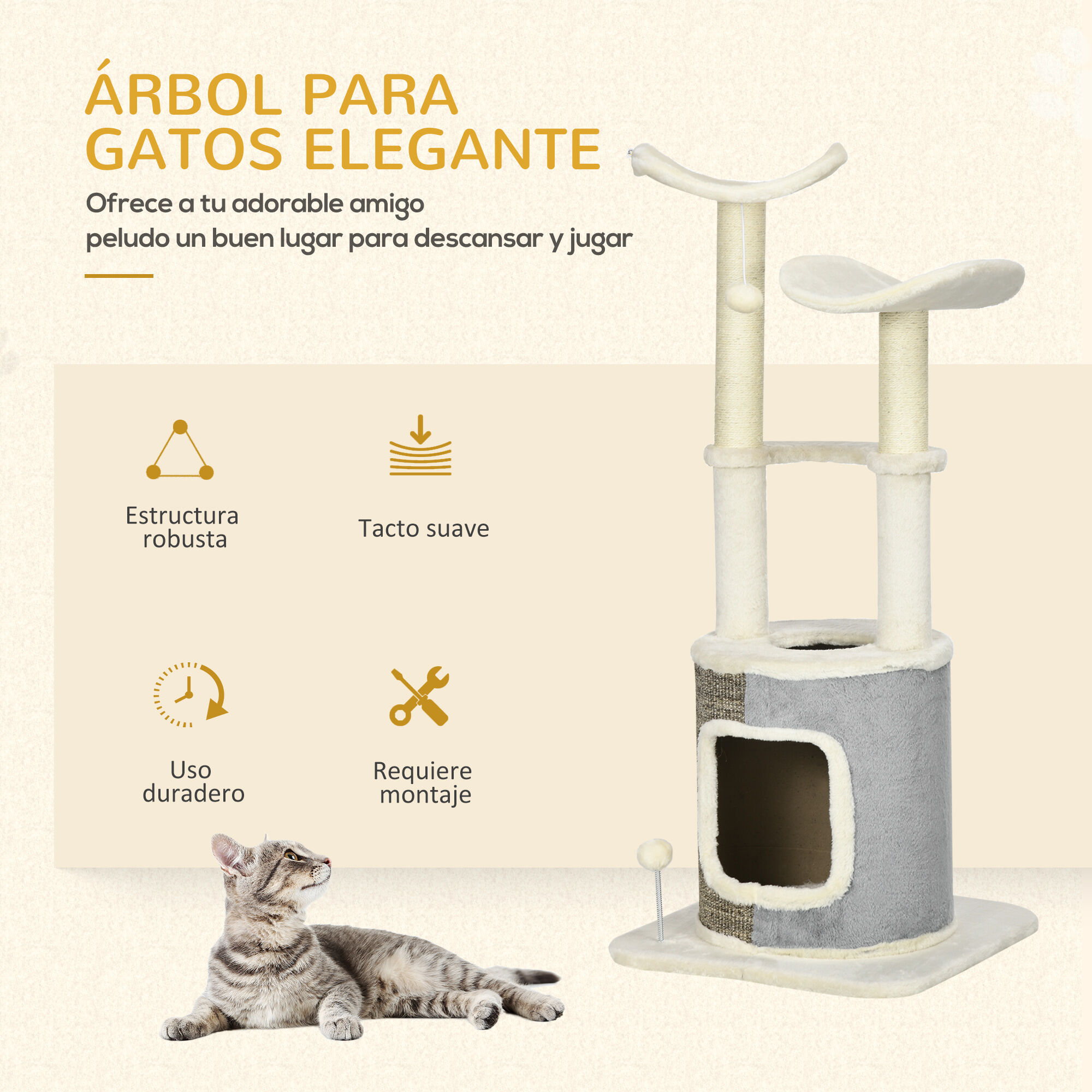 PawHut &Aacute;rbol Rascador Crema y Gris para gatos, , large Imagen numero 4