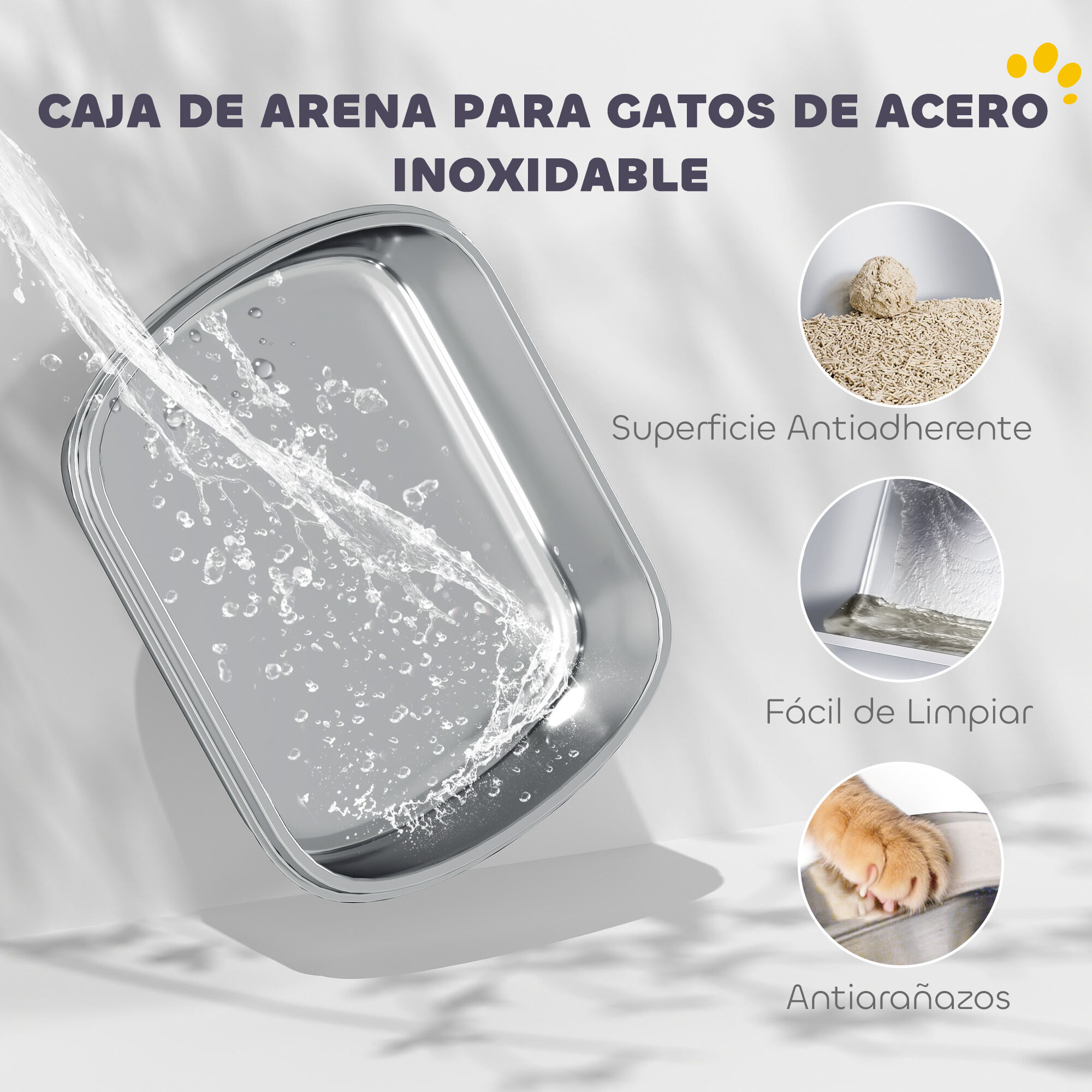PawHut Arenero para Gatos de Acero Inoxidable XL, Caja de Arena para Gatos, Arenero con Tapa Abatible, Laterales Altos, Entrada Superior, Pala, sin Olores, Fácil de Limpiar, Antifugas, Blanco thumbnail
