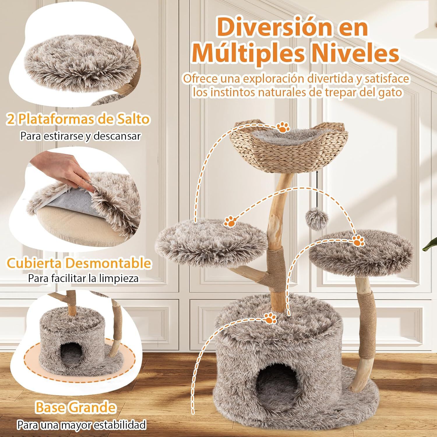 COSTWAY Rascador para Gatos, &Aacute;rbol para Gatos de Madera, Torre para Gatitos con Tronco de Peral S&oacute;lido con Plataforma, Centro de Actividades Moderno con Postes para Rascar de Sisal (Natural, 90 cm), , large Imagen numero 3