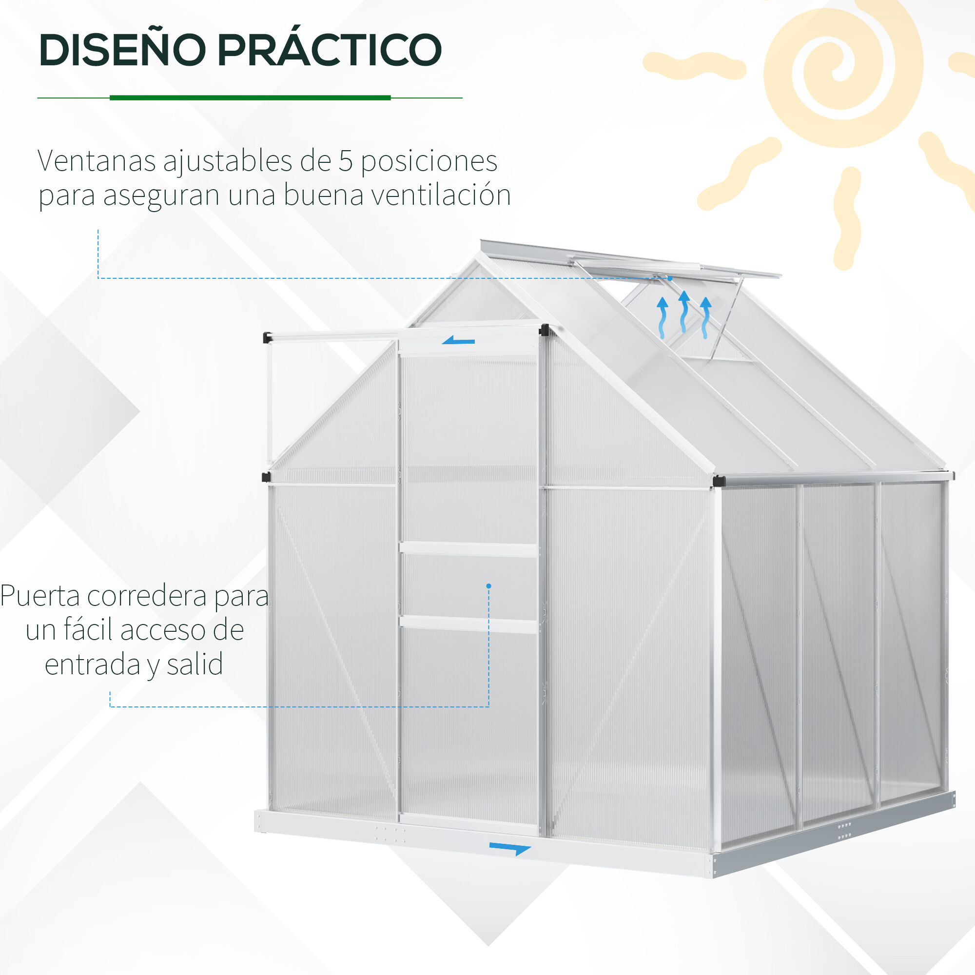 Outsunny Invernadero Policarbonato Aluminio de Jard&iacute;n 190x190x200 cm 3,6m&sup2; Caseta de Exterior con Base Puerta Corredera y 2 Tragaluces para Cultivo Plantas Semillas Transparente, , large Imagen numero 5