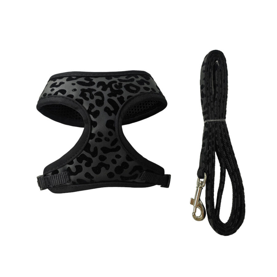 Gotoo Correa y arn&eacute;s estampado animal negro para gatos , , large Imagen numero 1