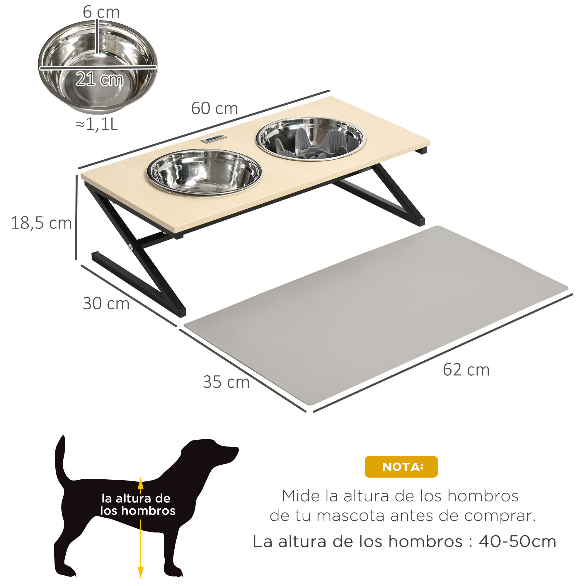 PawHut Comedero Elevado para Perros con Tapete y Comedero Lento Cuencos para Perros con 2 Tazones de Acero Inoxidable 1100 ml para Mascotas Medianos 60x30x18,5 cm Roble, , large Imagen numero 3