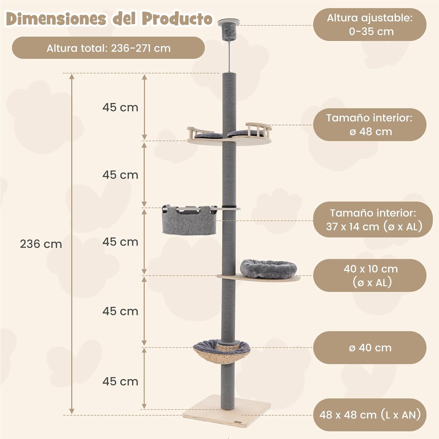 COSTWAY Torre para Gatos Altura de 236-271 cm, &Aacute;rbol Rascador para Gatos para Fijar al Techo de 5 Niveles, Ajustable en Altura con Hamaca,Cesta de Peluche, Cama Blanda y Poste Rascador para Gatos, , large Imagen numero 4