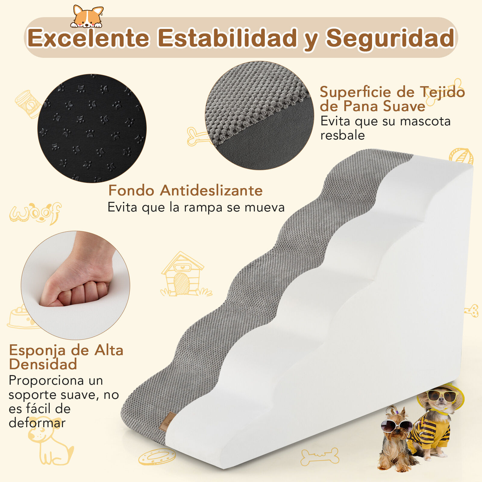 COSTWAY Rampa para Perro de Espuma, Escalera para Mascotas de 5 Niveles con Funda Lavable con Base Antideslizante (Gris), , large Imagen numero 2