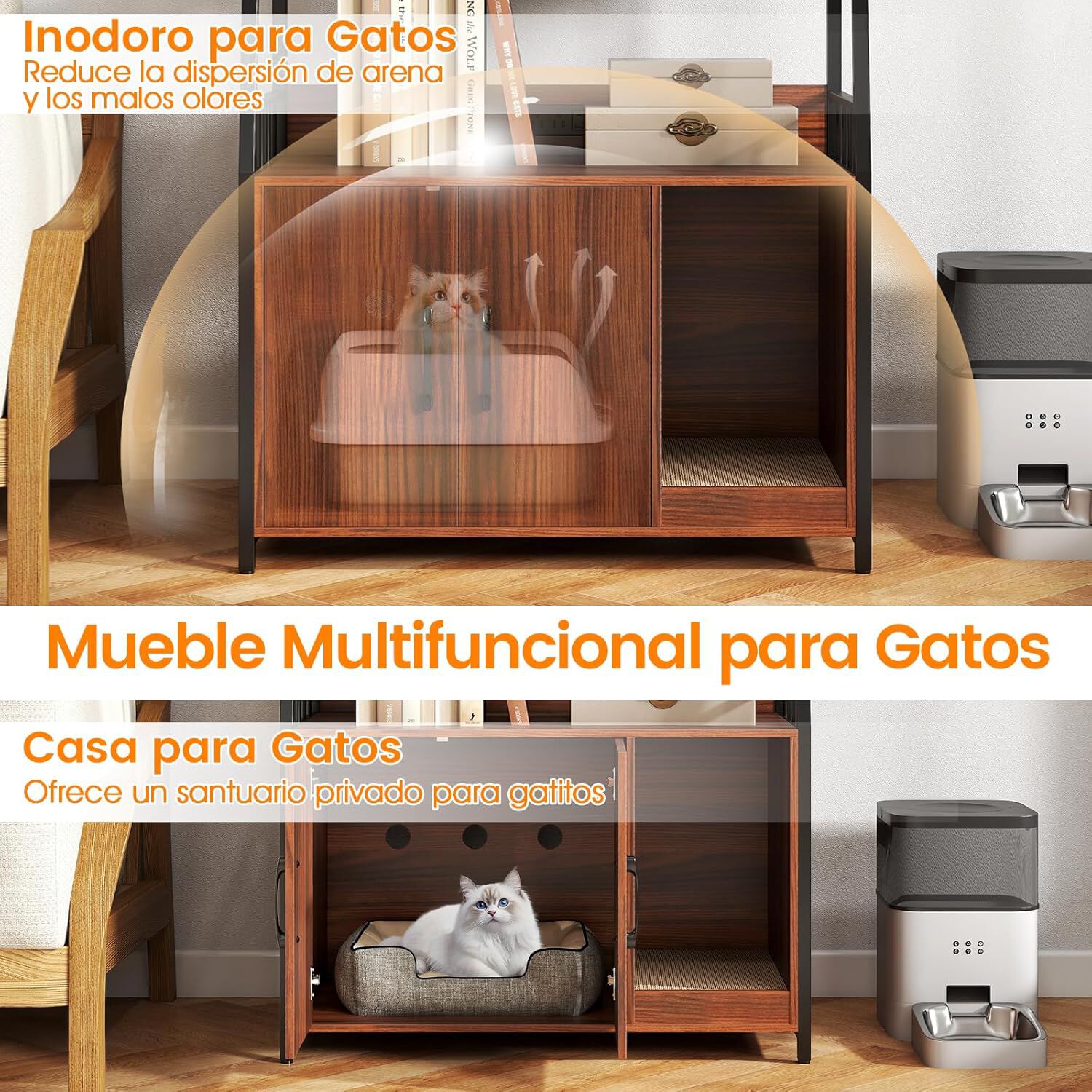 COSTWAY Armario para Gatos, Armario de Caja de Arena con Estantes de Almacenamiento, Almohadilla para Arañar, Estación de Carga, Mueble de Interior Resistente con Kit Antivuelco (Nogal) thumbnail