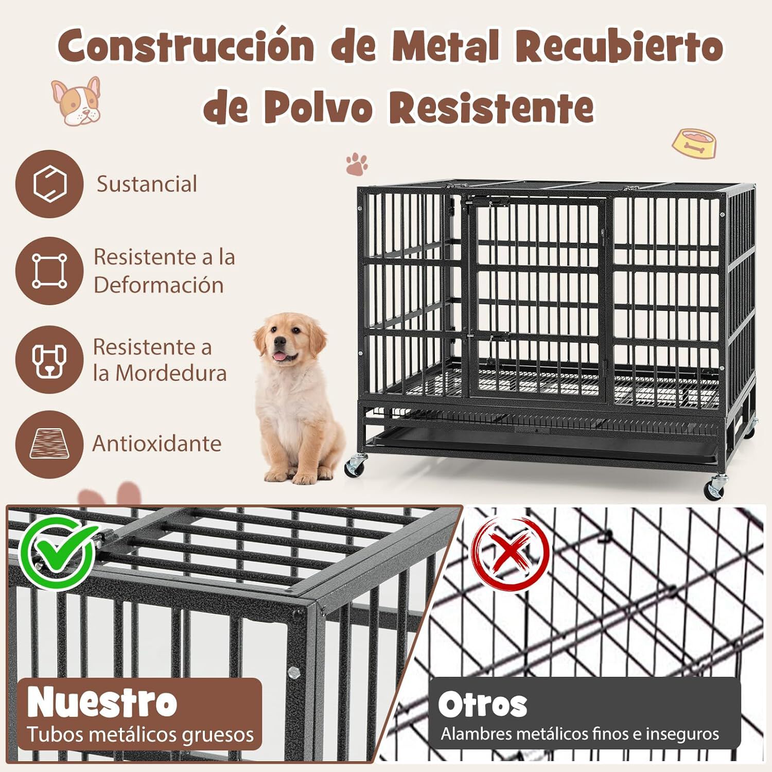 COSTWAY Jaula para Perros Plegable, Jaula para Mascotas de Metal con 2 Puertas, 4 Ruedas Giratorias, Bandeja Extra&iacute;ble, Caja para Perros Port&aacute;til para Interiores y Exteriores (96 x 65 x 77 cm), , large Imagen numero 3