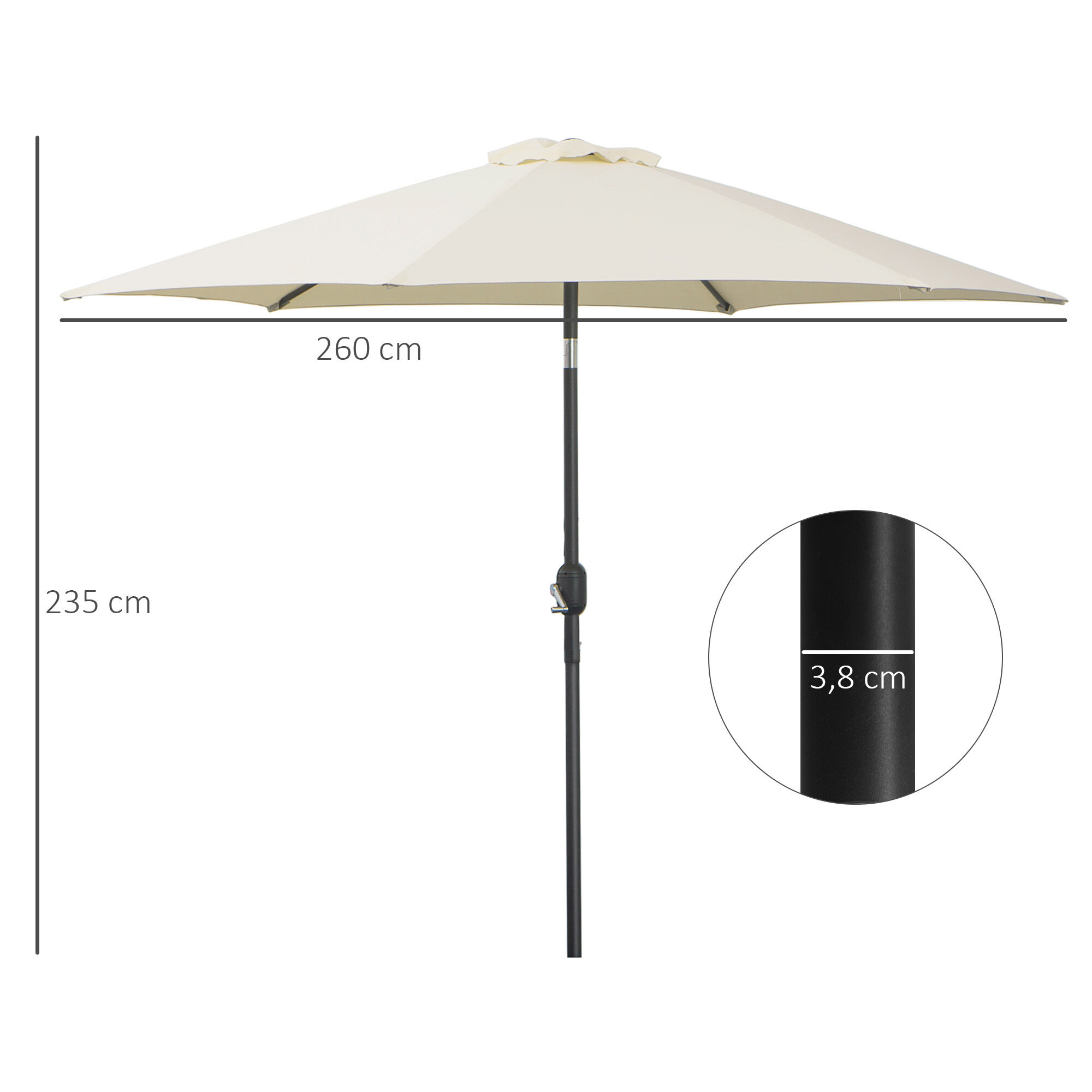 Outsunny Sombrilla para Jard&iacute;n &Oslash;260x235 cm Parasol de Aluminio con Reclinable con Manivela y 6 Varillas para Terraza Exterior Balc&oacute;n Crema, , large Imagen numero 3