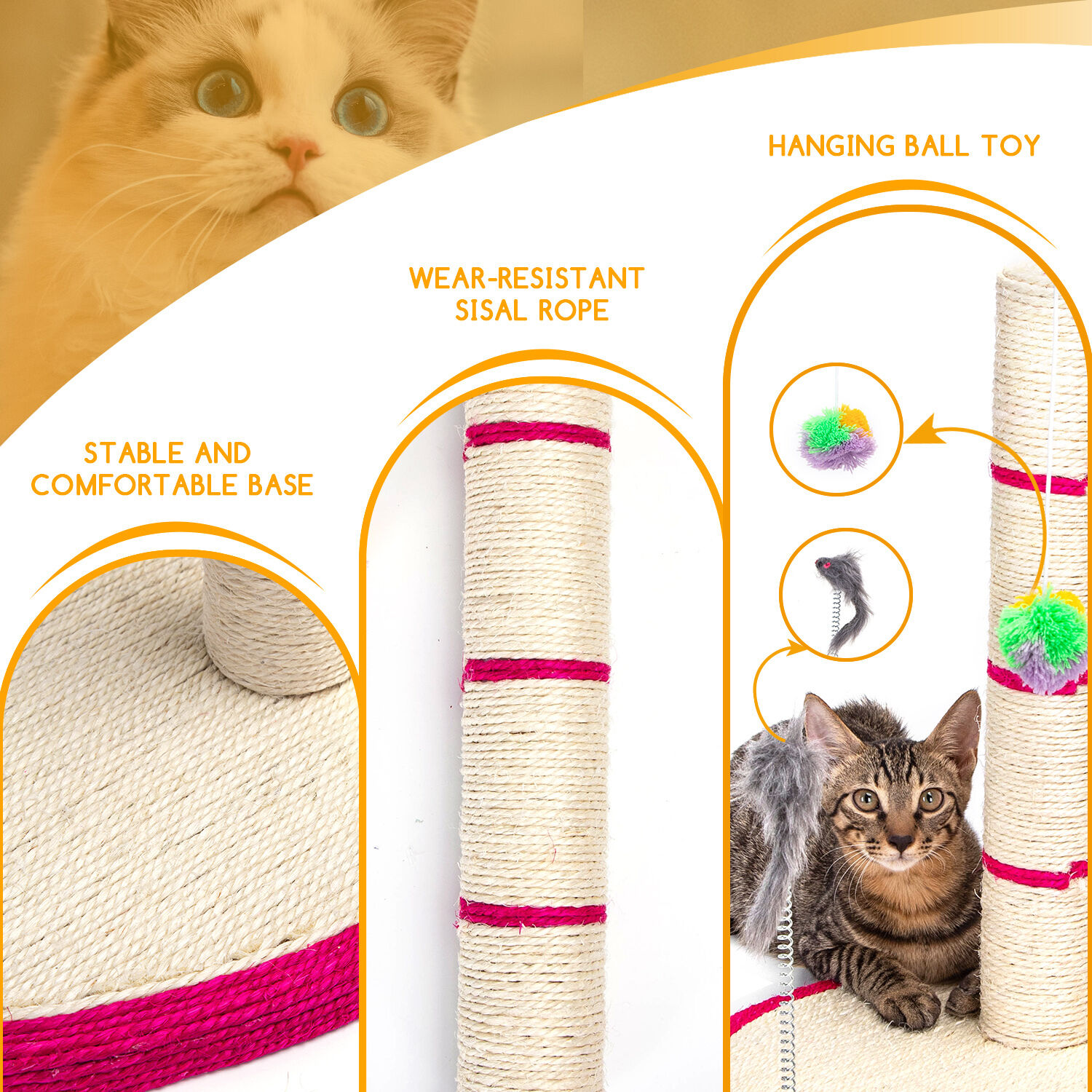 Nobleza - Poste de Rascado para Gatos,Trepador de Cuerda de Sisal para Gatos con Pelotas de Felpa y Juguetes para Ratones,Material de Sisal Duradero,L40*W30*H49CM(Rojo）, , large Imagen numero 2