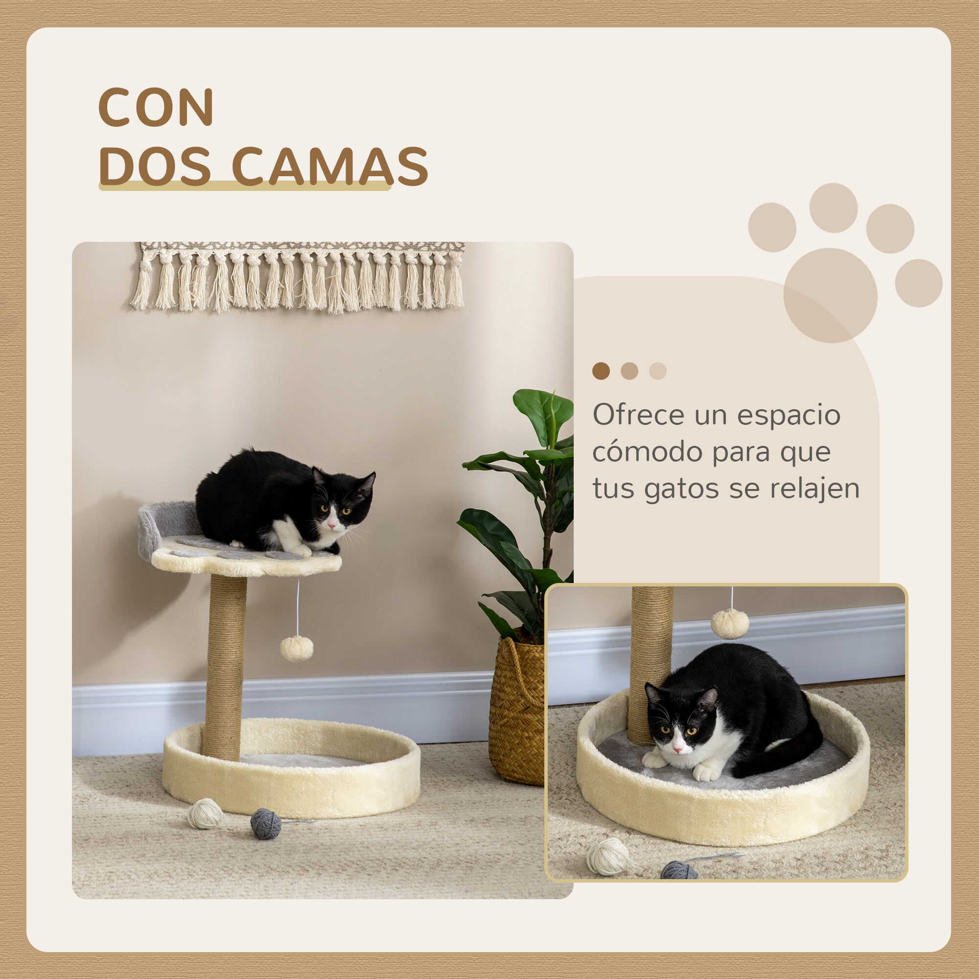 PawHut &Aacute;rbol Rascador para Gatos, &Aacute;rbol para Gatos, Altura 44 cm, Torre de Escalada con 2 Camas, Poste de Yute, Juguete Colgante, Gris Claro, , large Imagen numero 4