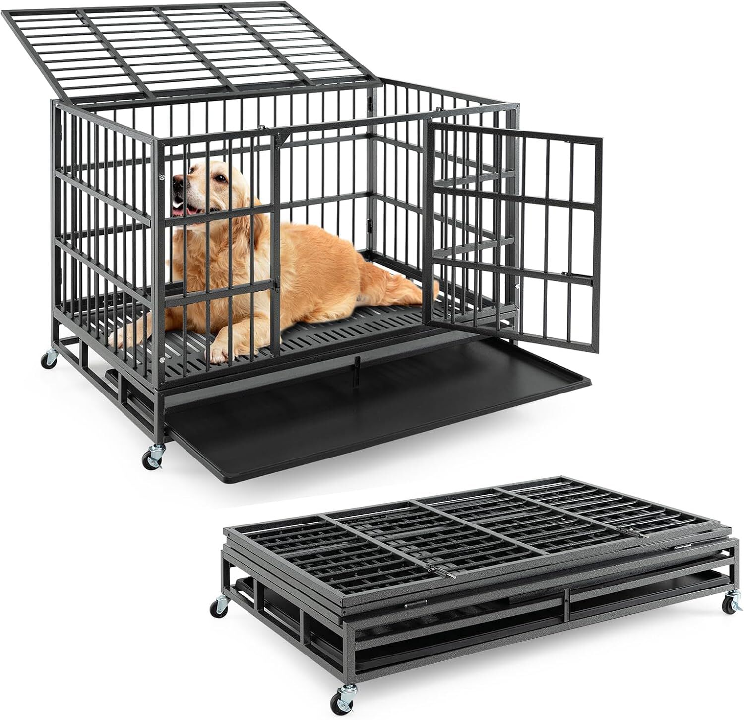 COSTWAY Jaula para Perros Plegable, Jaula para Mascotas de Metal con 2 Puertas, 4 Ruedas Giratorias, Bandeja Extra&iacute;ble, Caja para Perros Port&aacute;til para Interiores y Exteriores (120 x 76 x 90 cm), , large Imagen numero 1